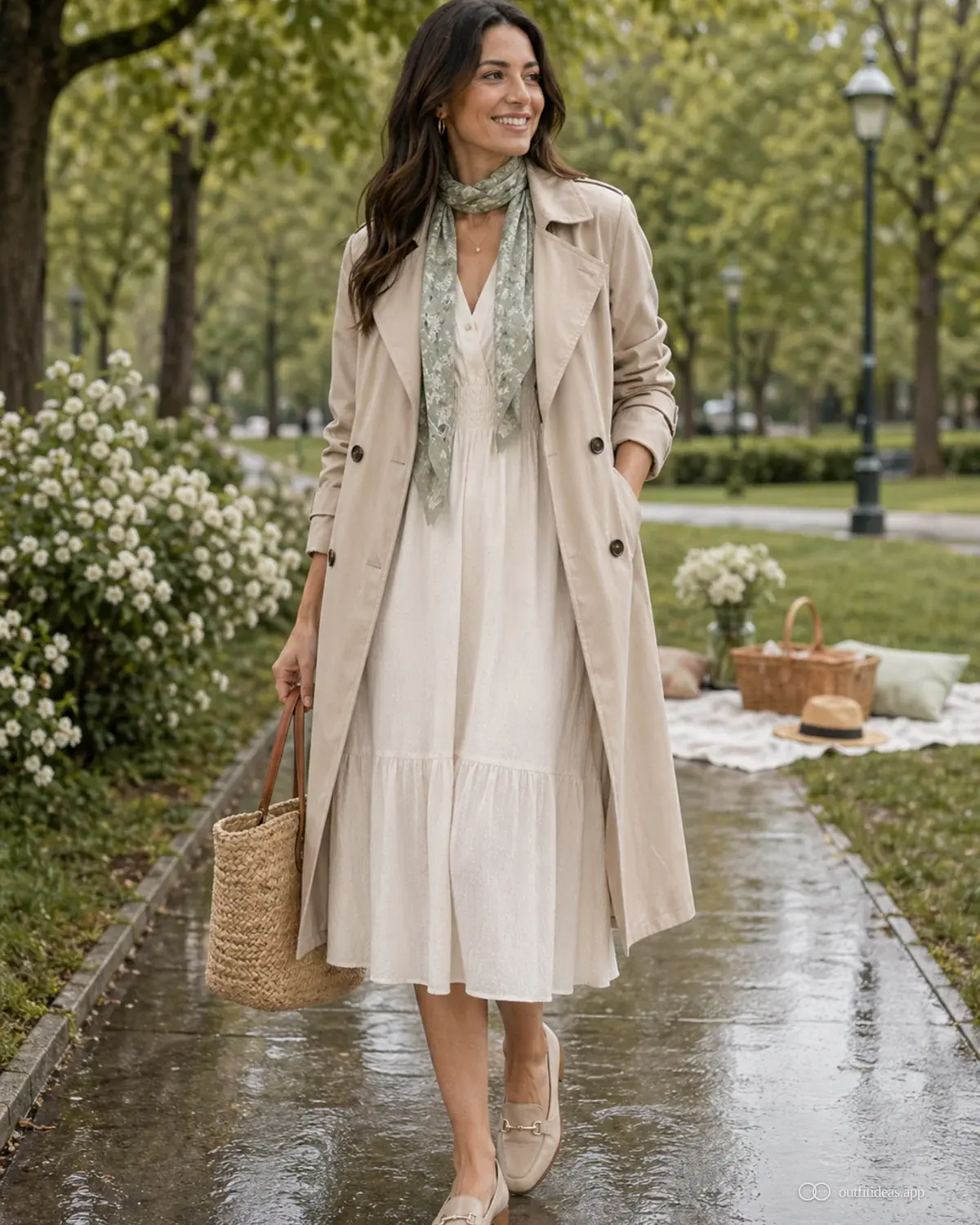 picnic outfit ideas weather plan with a complete outfit, practical shoes, and scene-ready accessories