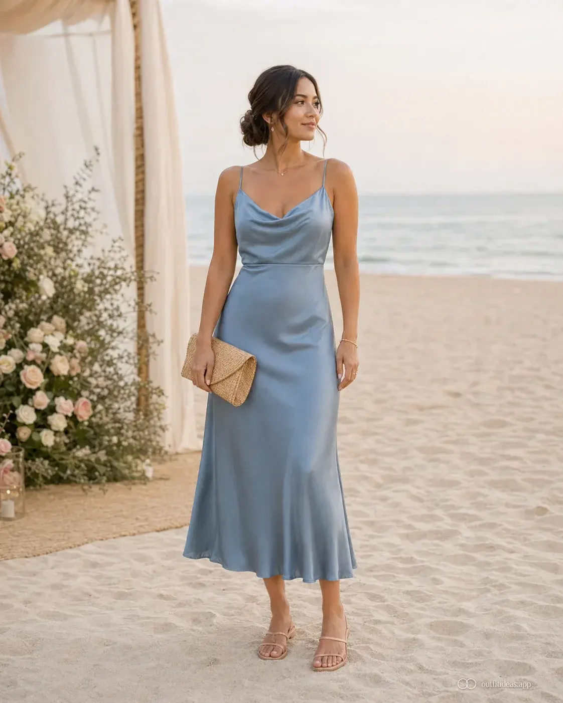 Petite beach wedding guest in coastal blue silk midi with flat sandal and raffia clutch