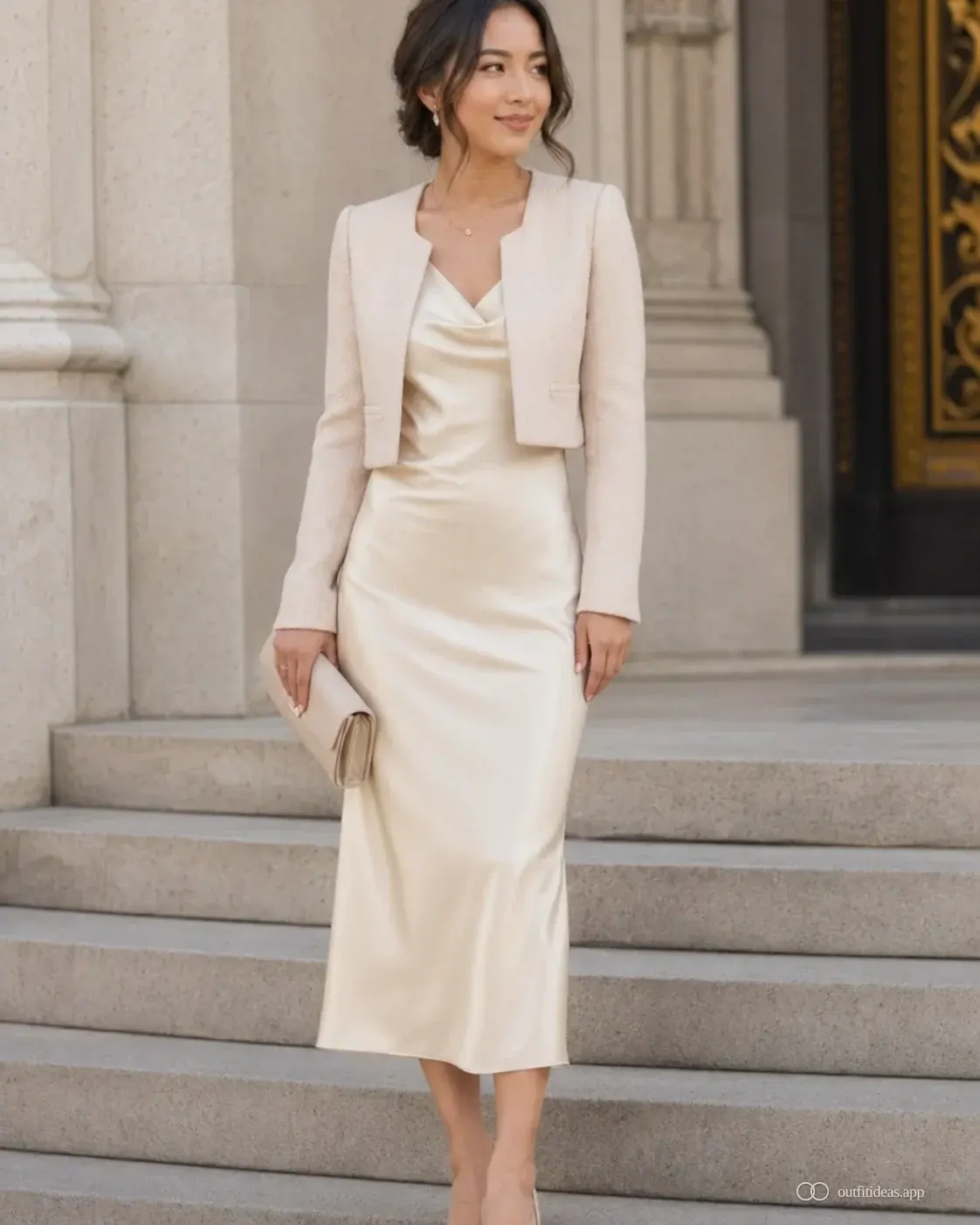 Petite city hall wedding guest in cream slip midi with a structured short jacket and pointed pump
