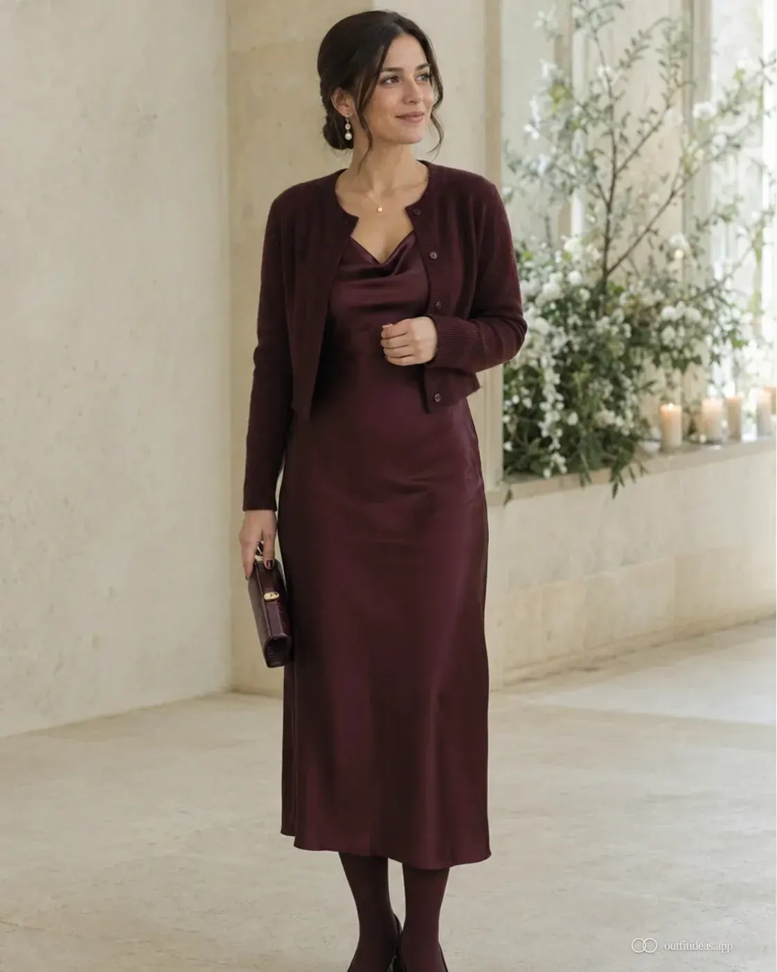 Petite winter wedding guest in deep burgundy satin midi with knit cardigan and opaque tights