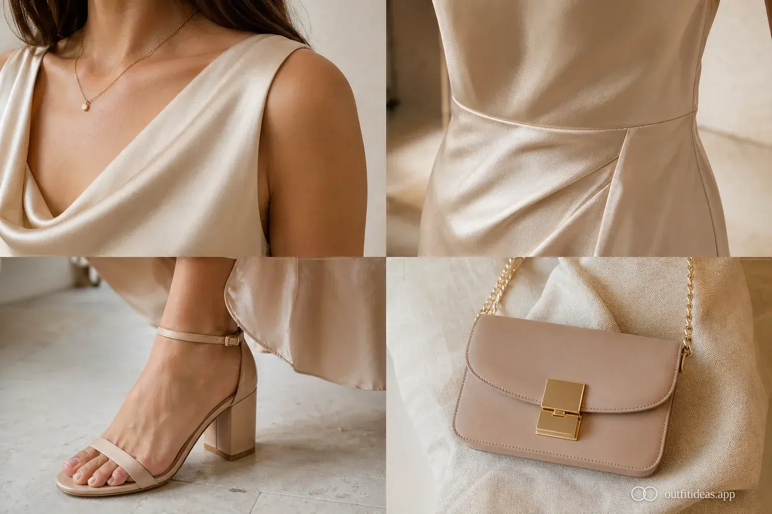 Four close-up details of a petite wedding guest outfit: satin neckline, waist seam, block heel and small shoulder bag clasp