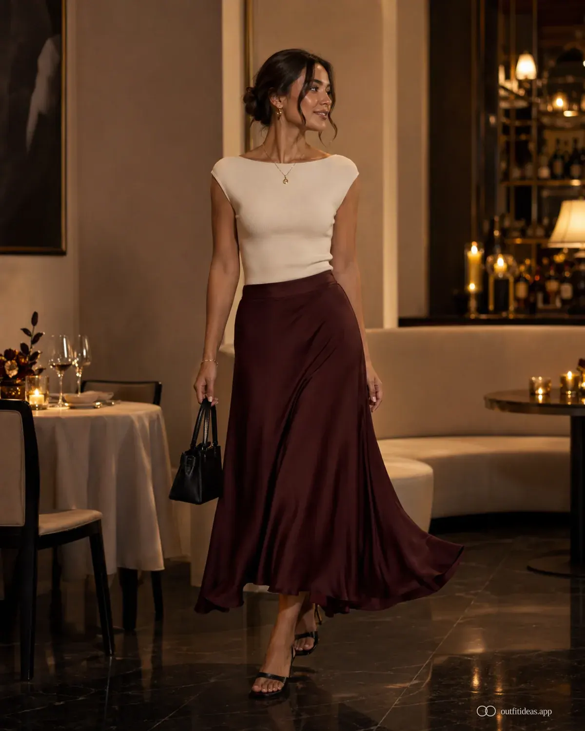 Outfit-Ideen für das Jahrestag-Dinner weicher Kontrast mit komplettem Outfit, praktischen Schuhen und passenden Accessoires