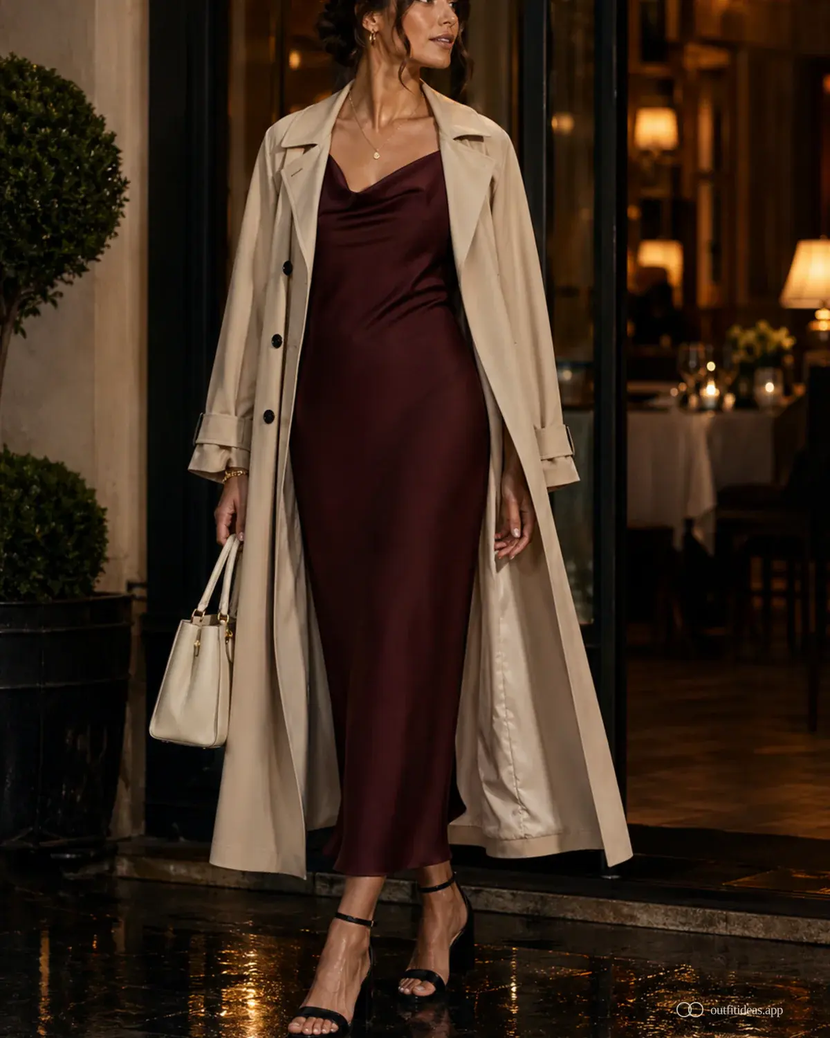 Outfit-Ideen für das Jahrestag-Dinner Wetterplan mit komplettem Outfit, praktischen Schuhen und passenden Accessoires