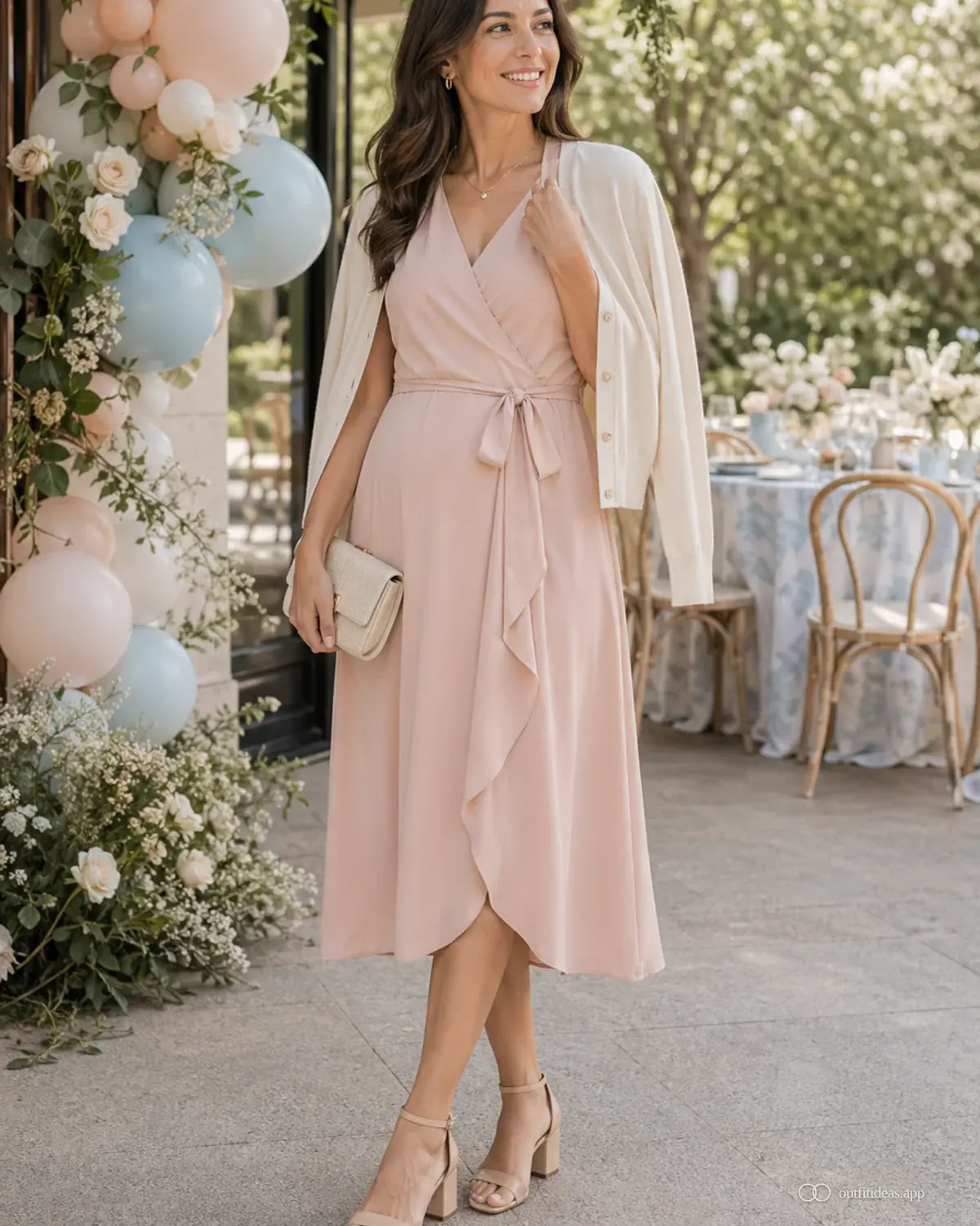 Imagen principal de looks para baby shower con conjunto completo, zapatos prácticos y accesorios pensados para la escena