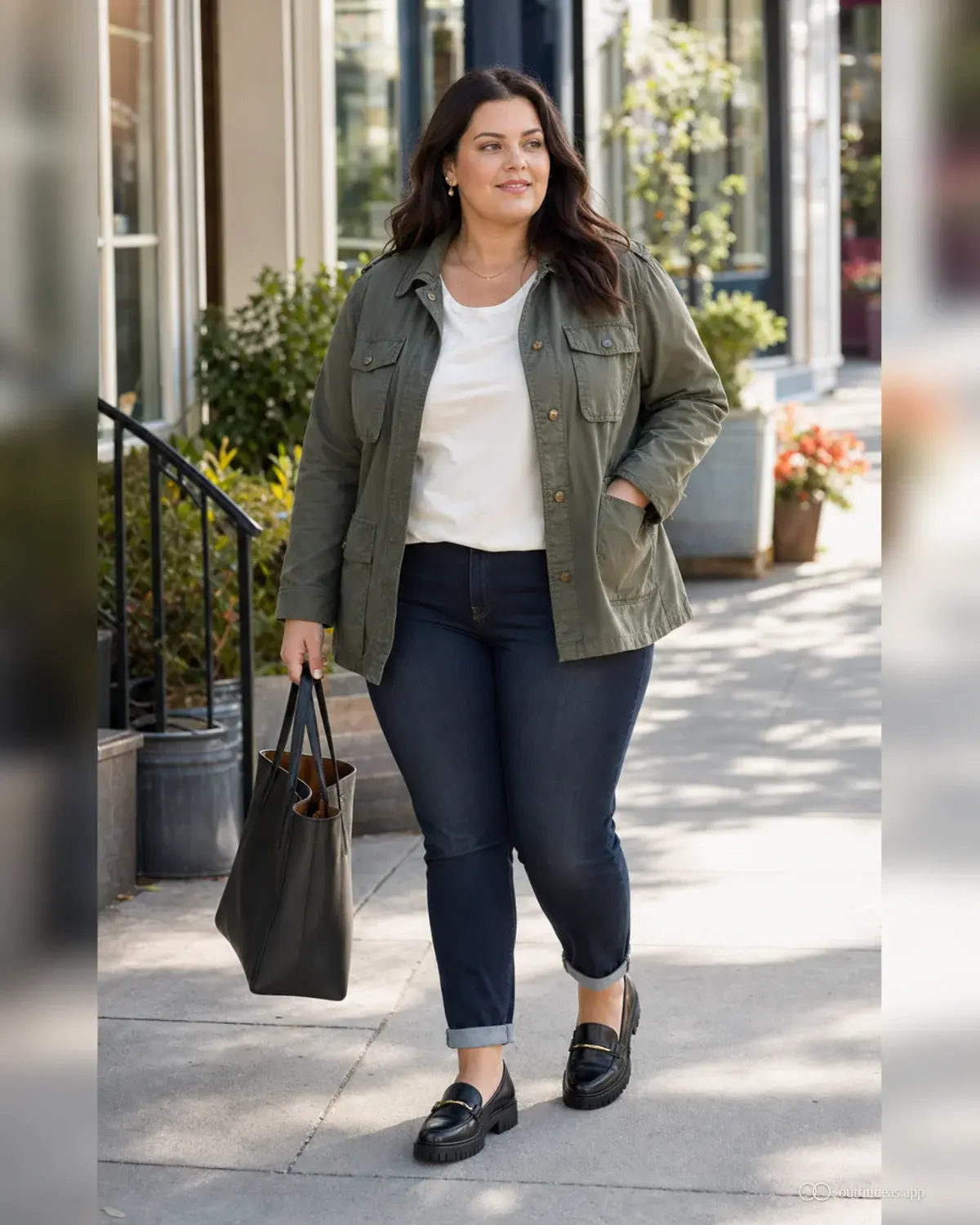idées de tenues décontractées pour femmes – look contraste doux avec une tenue complète, des chaussures pratiques et des accessoires adaptés à la scène