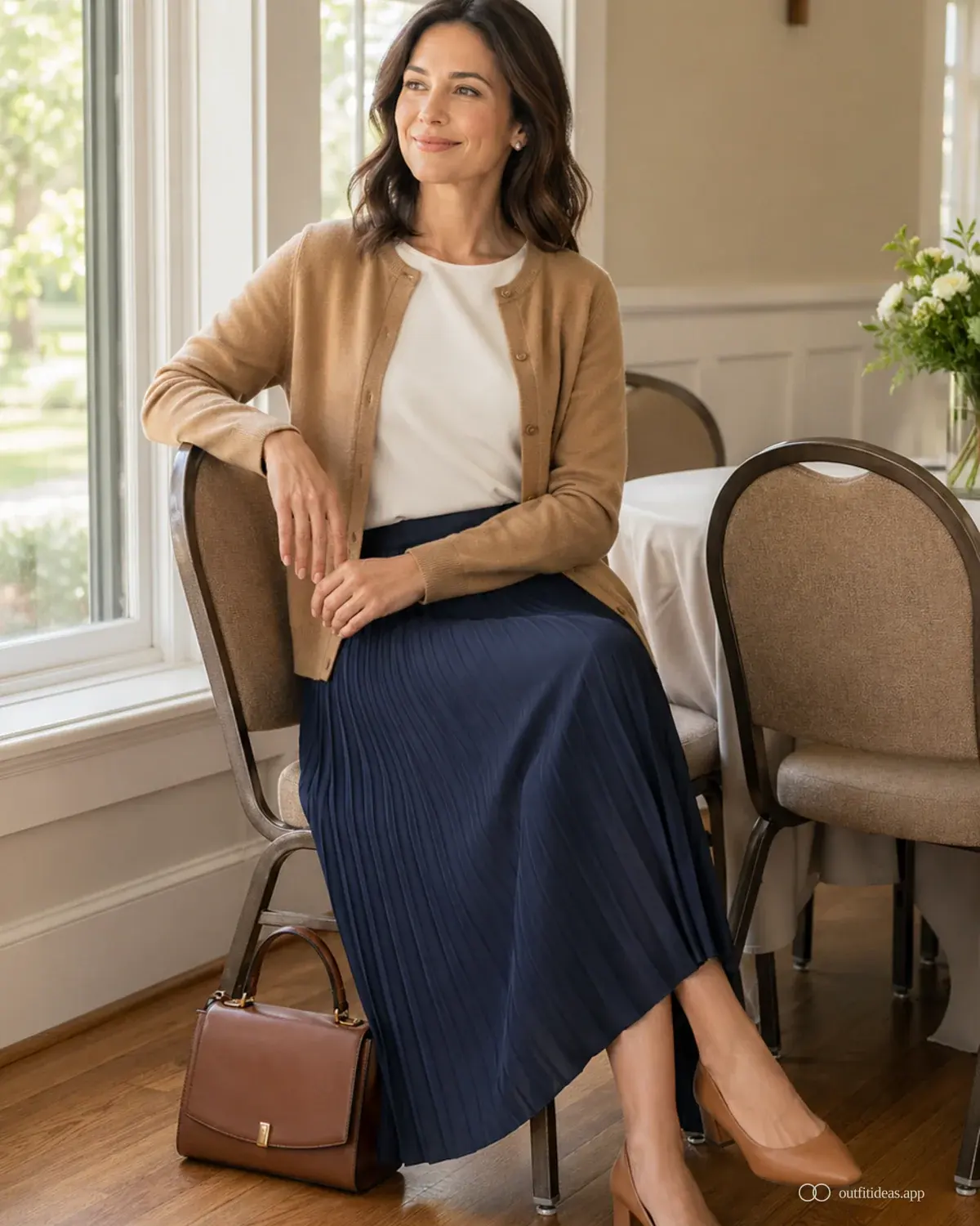 Outfit-Ideen für die Kirche weicher Kontrast mit komplettem Outfit, praktischen Schuhen und passenden Accessoires
