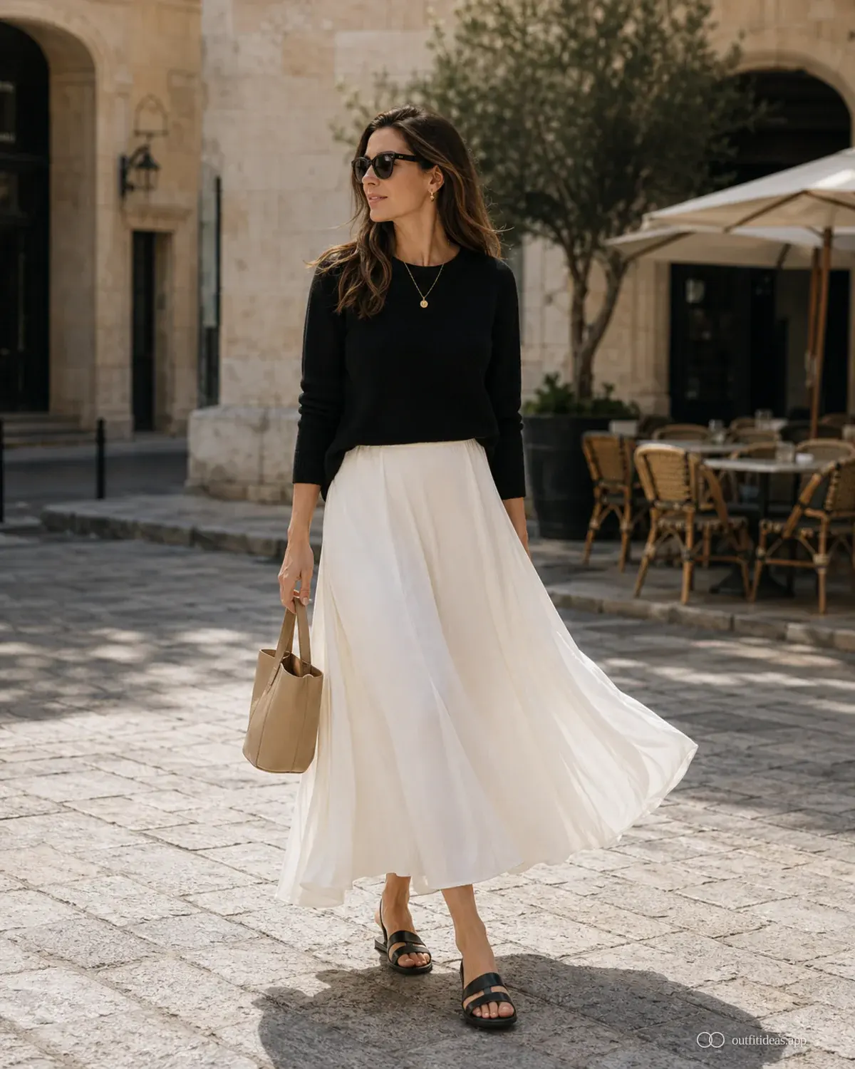 looks para una escapada urbana: contraste suave con conjunto completo, zapatos prácticos y accesorios pensados para la escena