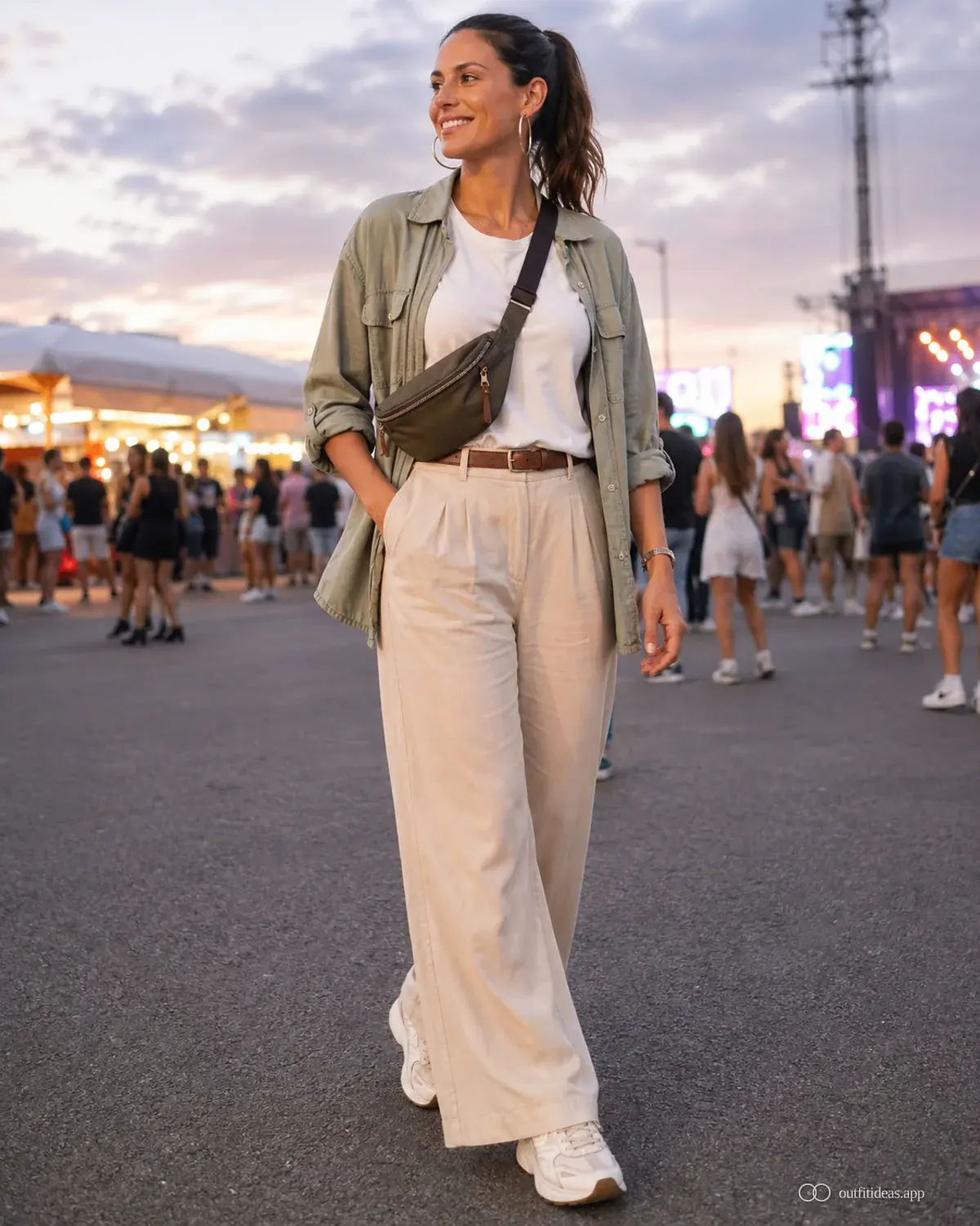 looks para un concierto (mujer): look apto para el clima con conjunto completo, zapatos prácticos y accesorios pensados para la escena
