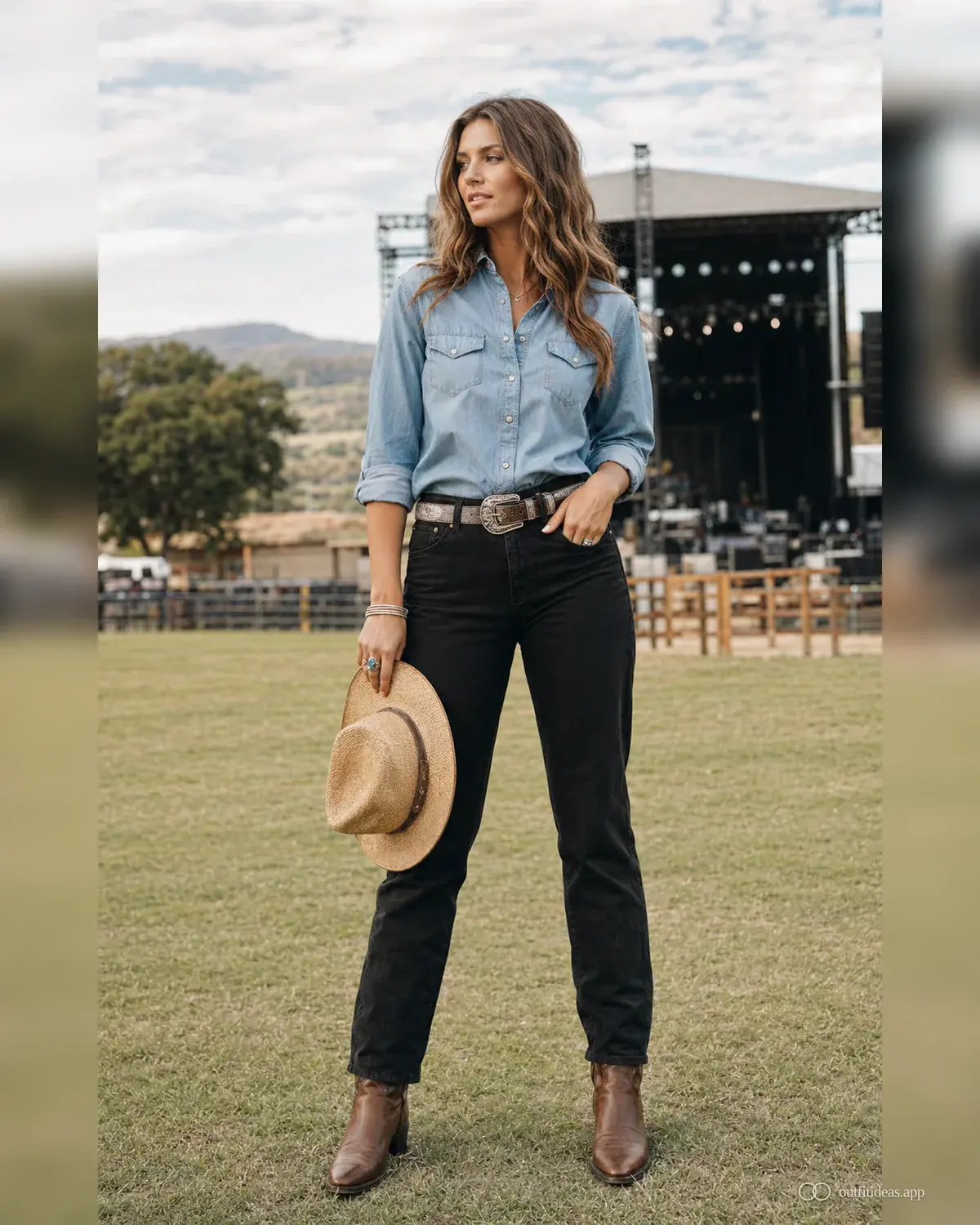 Outfit-Ideen für das Country-Konzert Layering-Variante mit komplettem Outfit, praktischen Schuhen und passenden Accessoires