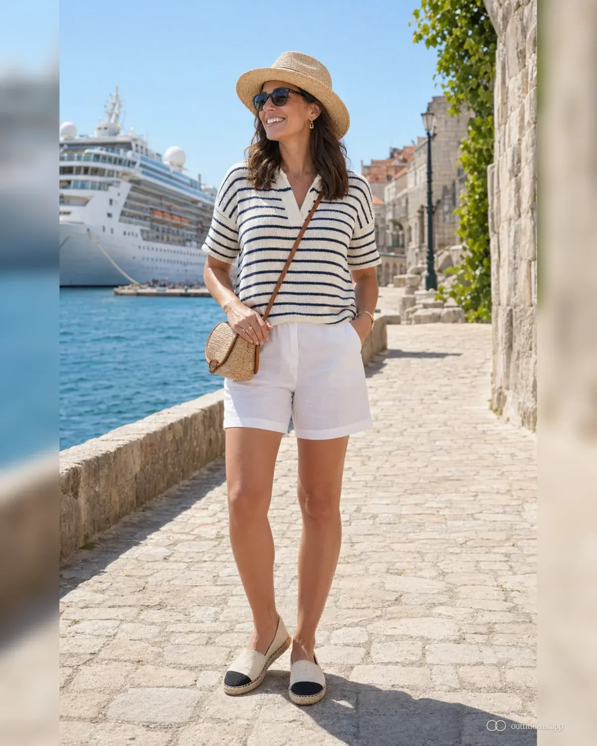 Outfit-Ideen für die Kreuzfahrt Layering-Variante mit komplettem Outfit, praktischen Schuhen und passenden Accessoires