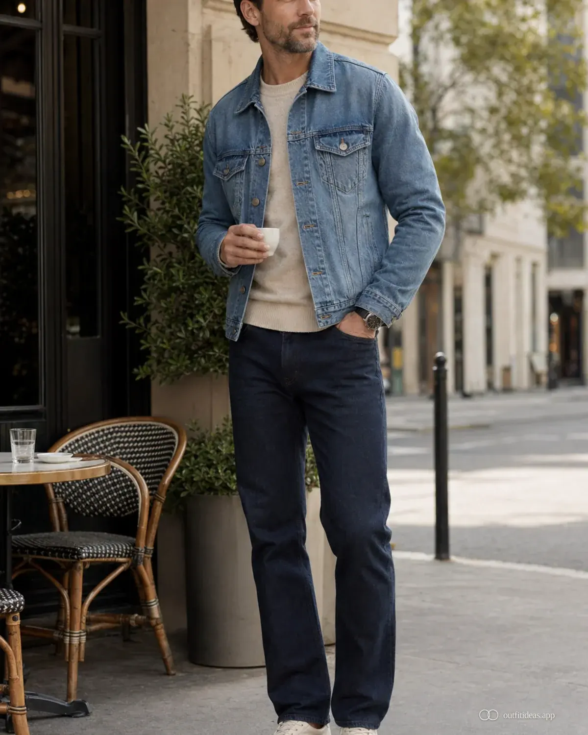 Denim-Outfit-Ideen Layering-Variante mit komplettem Outfit, praktischen Schuhen und passenden Accessoires