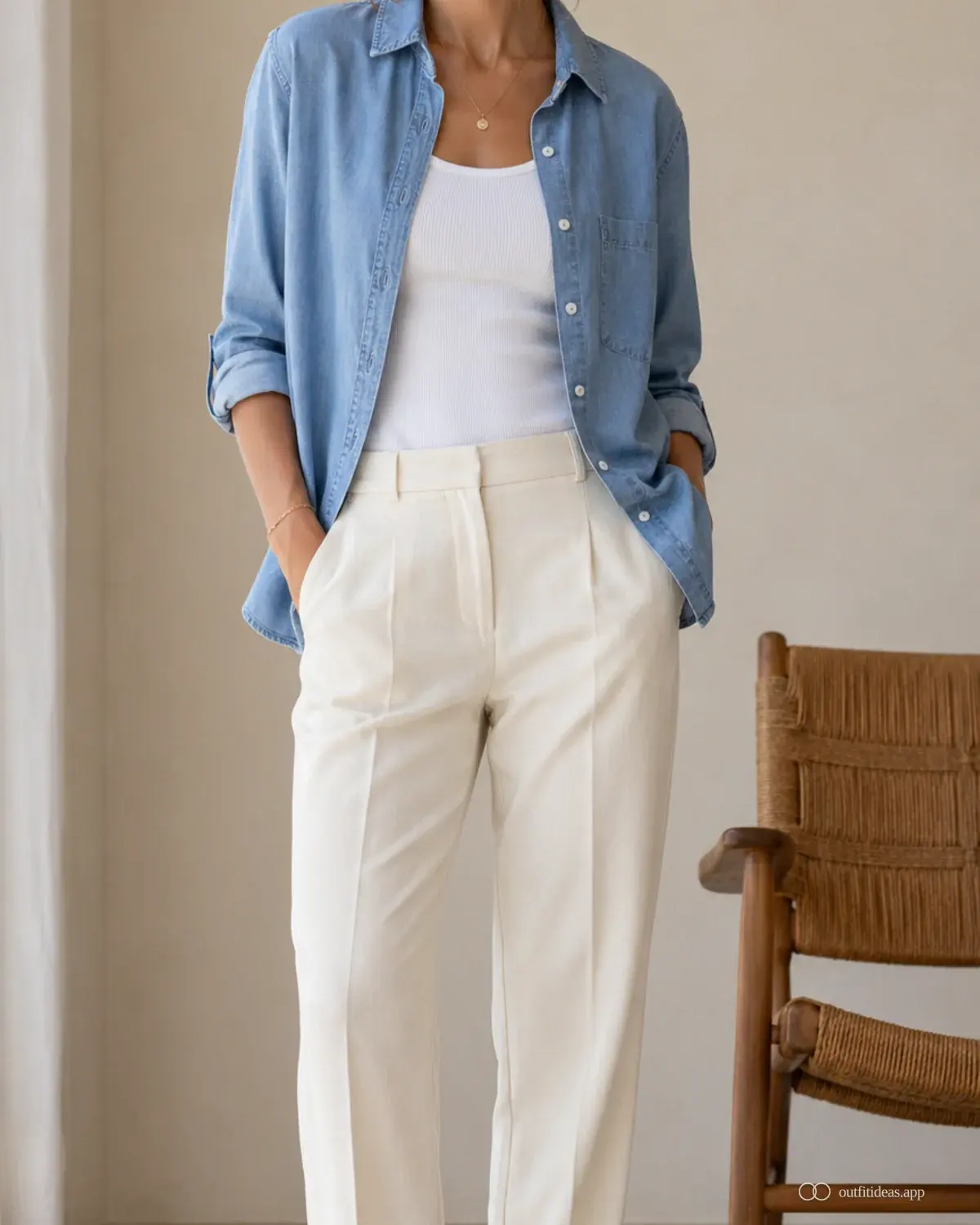 Denim-Outfit-Ideen weicher Kontrastlook mit komplettem Outfit, praktischen Schuhen und passenden Accessoires
