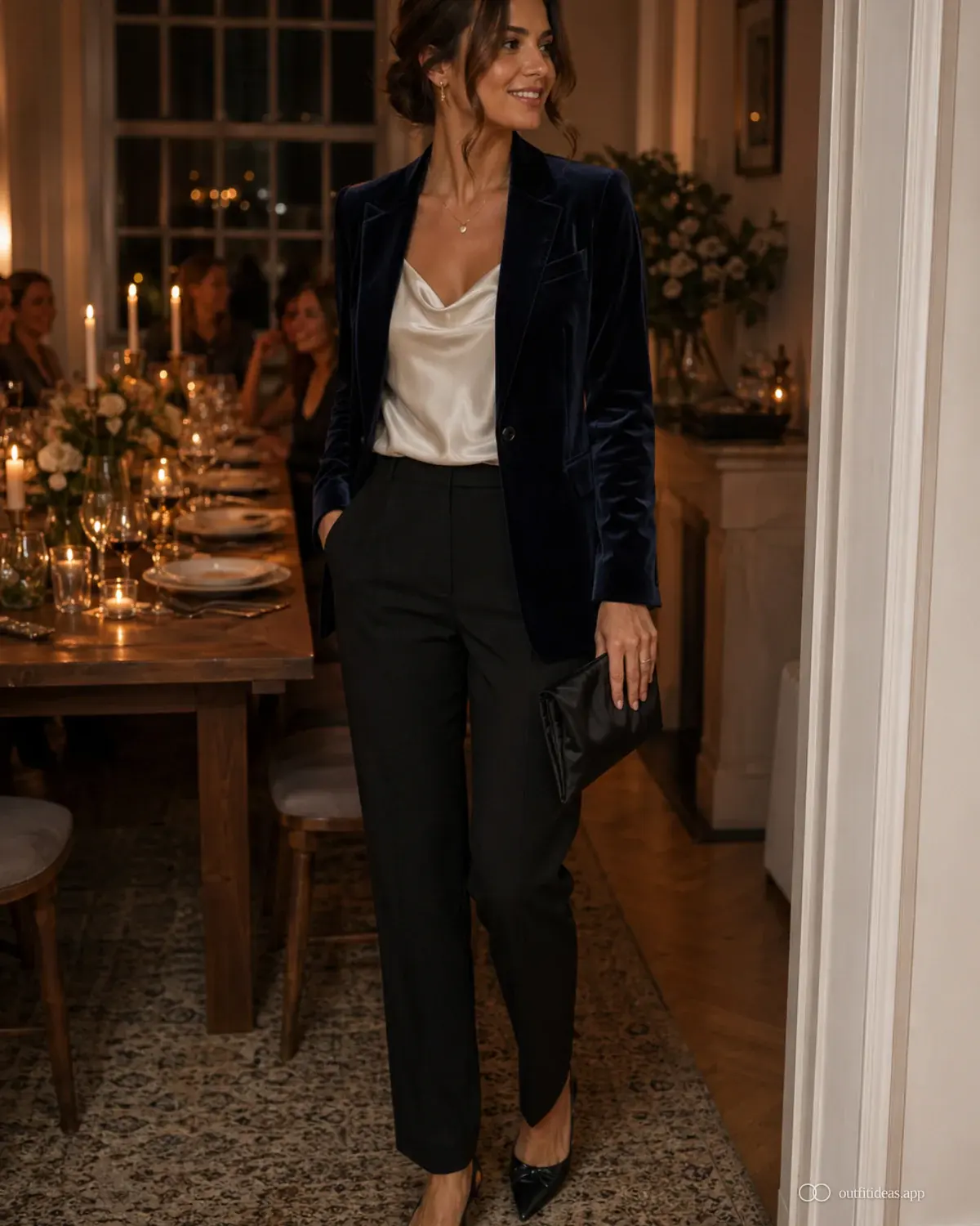 dinner party outfit ideas soft contrast with a complete outfit, practical shoes, and scene-ready accessories