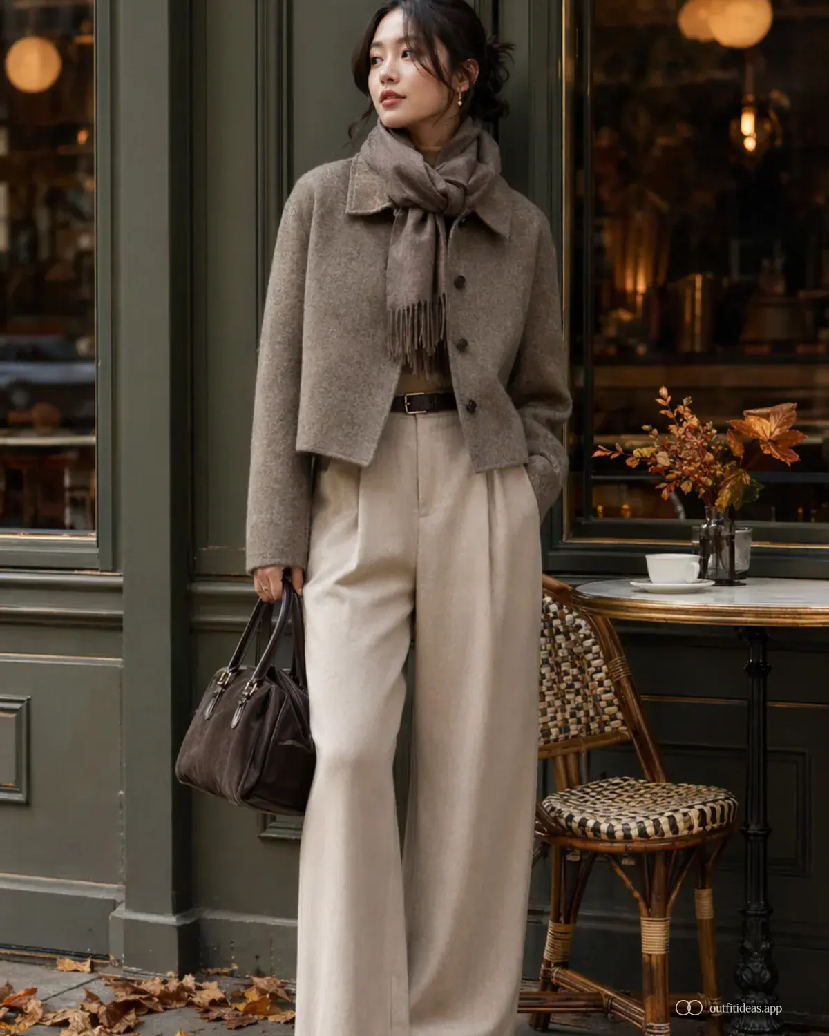 Herbst-Outfit-Ideen einfacher Tageslook mit komplettem Outfit, praktischen Schuhen und passenden Accessoires