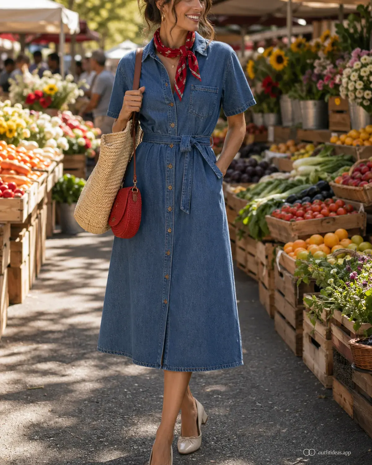 looks para el mercado de productores: fórmula esencial con conjunto completo, zapatos prácticos y accesorios pensados para la escena