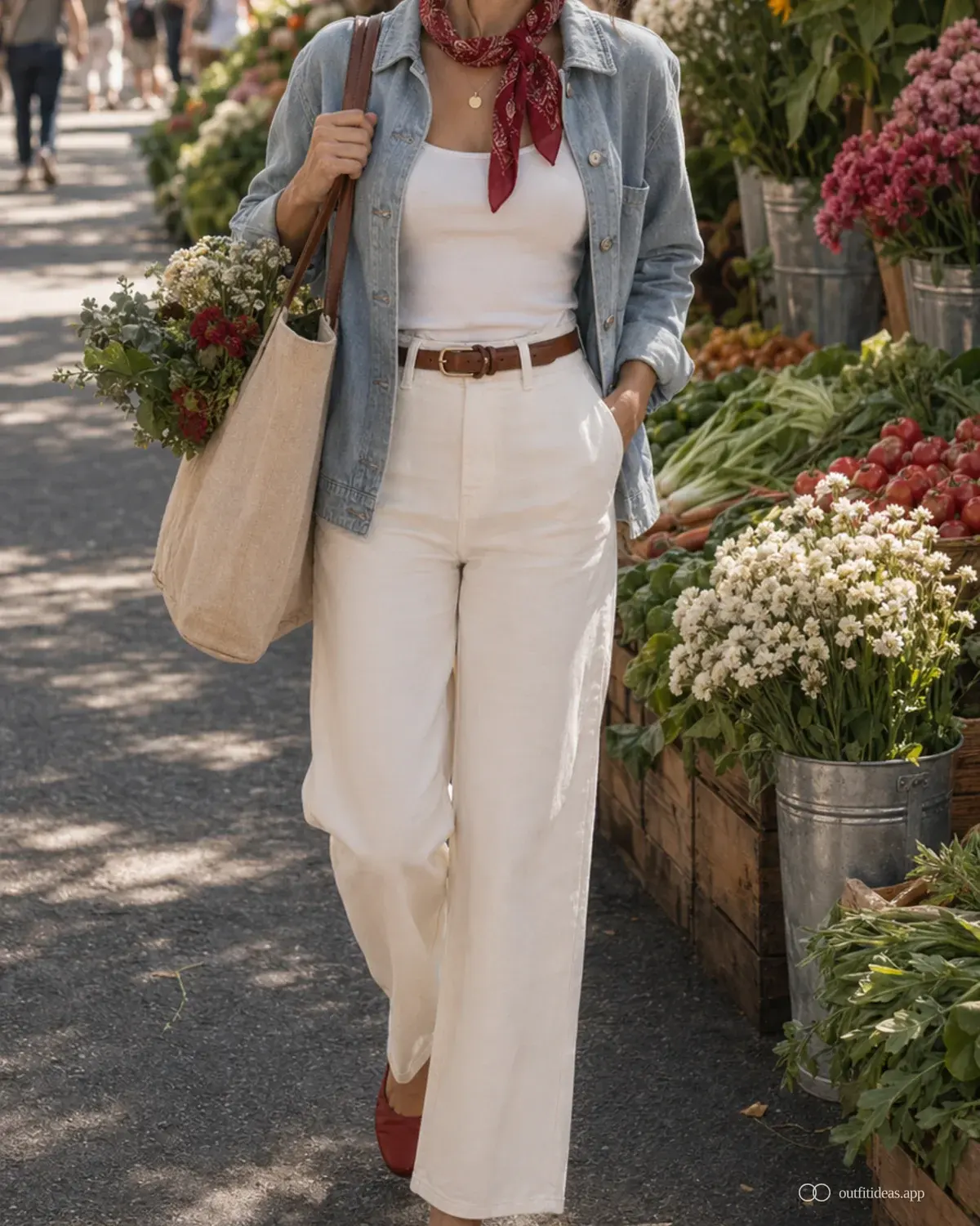 looks para el mercado de productores: día con capas con conjunto completo, zapatos prácticos y accesorios pensados para la escena