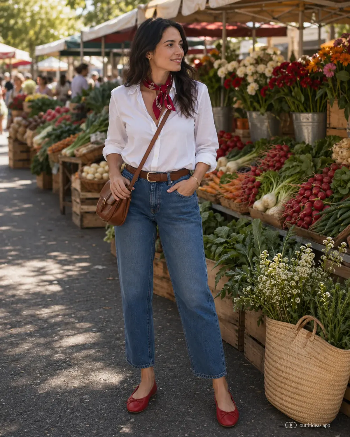 looks para el mercado de productores: variante pulida con conjunto completo, zapatos prácticos y accesorios pensados para la escena