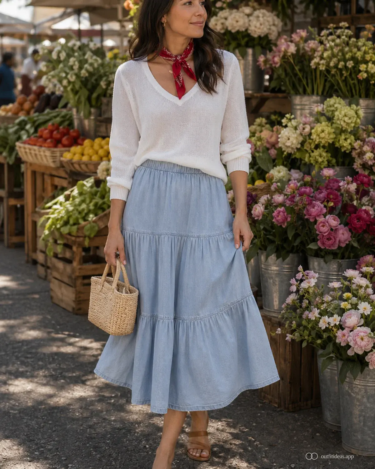 looks para el mercado de productores: contraste suave con conjunto completo, zapatos prácticos y accesorios pensados para la escena