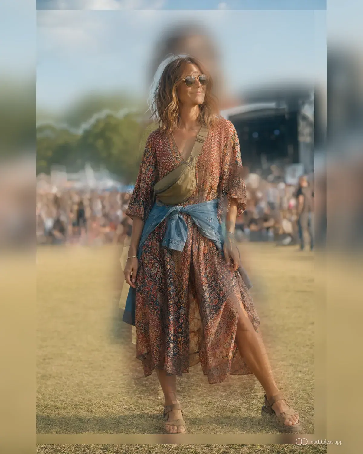 looks para festivales: variante con capas con conjunto completo, zapatos prácticos y accesorios pensados para la escena