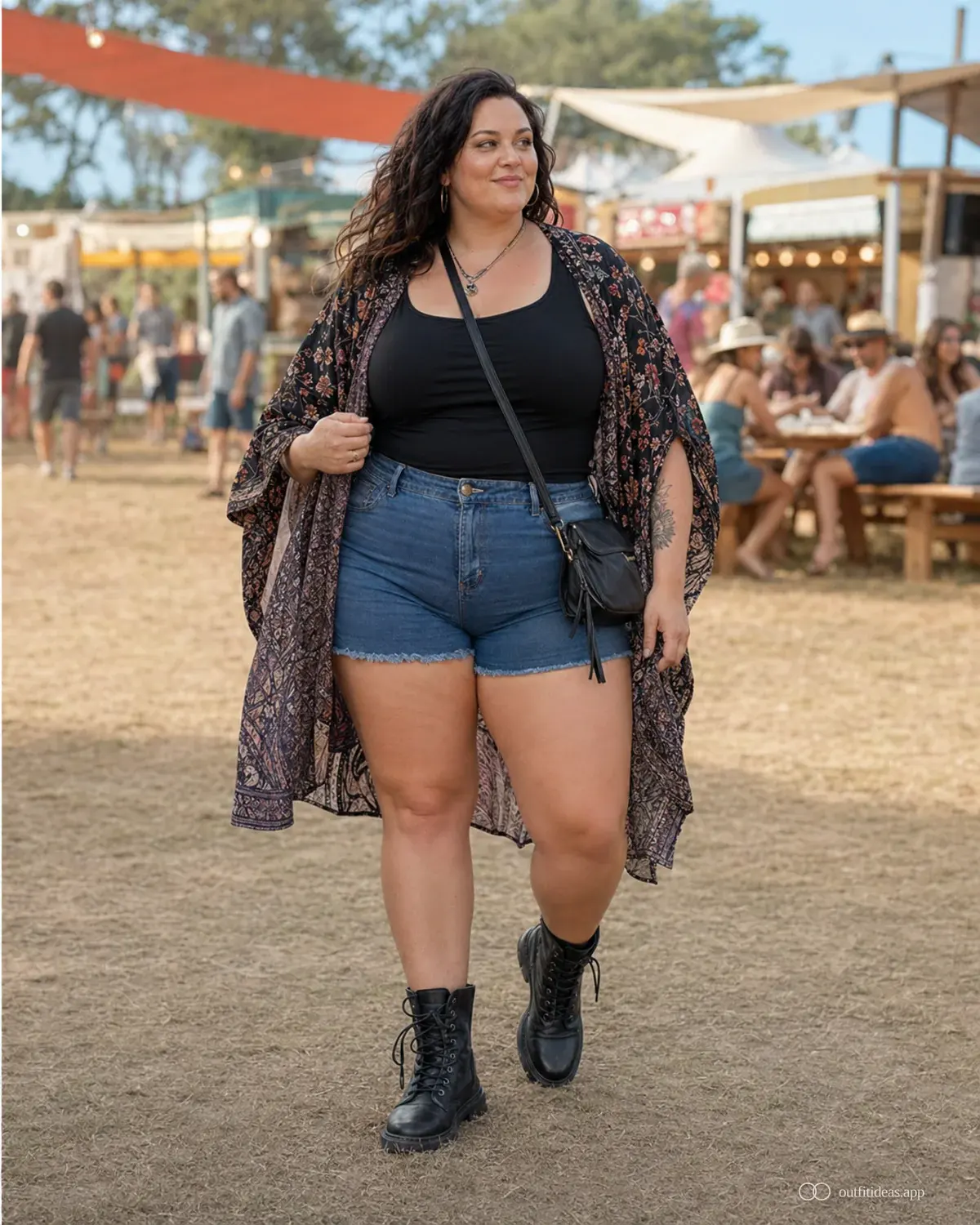 looks para festivales: look de contraste suave con conjunto completo, zapatos prácticos y accesorios pensados para la escena