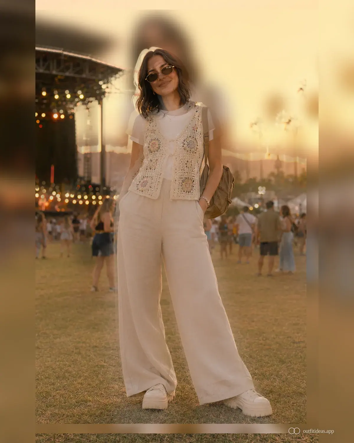 looks para festivales: look apto para el clima con conjunto completo, zapatos prácticos y accesorios pensados para la escena