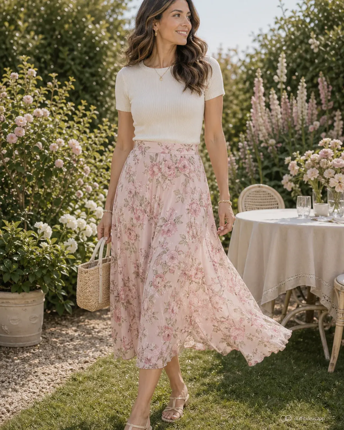 looks para una garden party: contraste suave con conjunto completo, zapatos prácticos y accesorios pensados para la escena