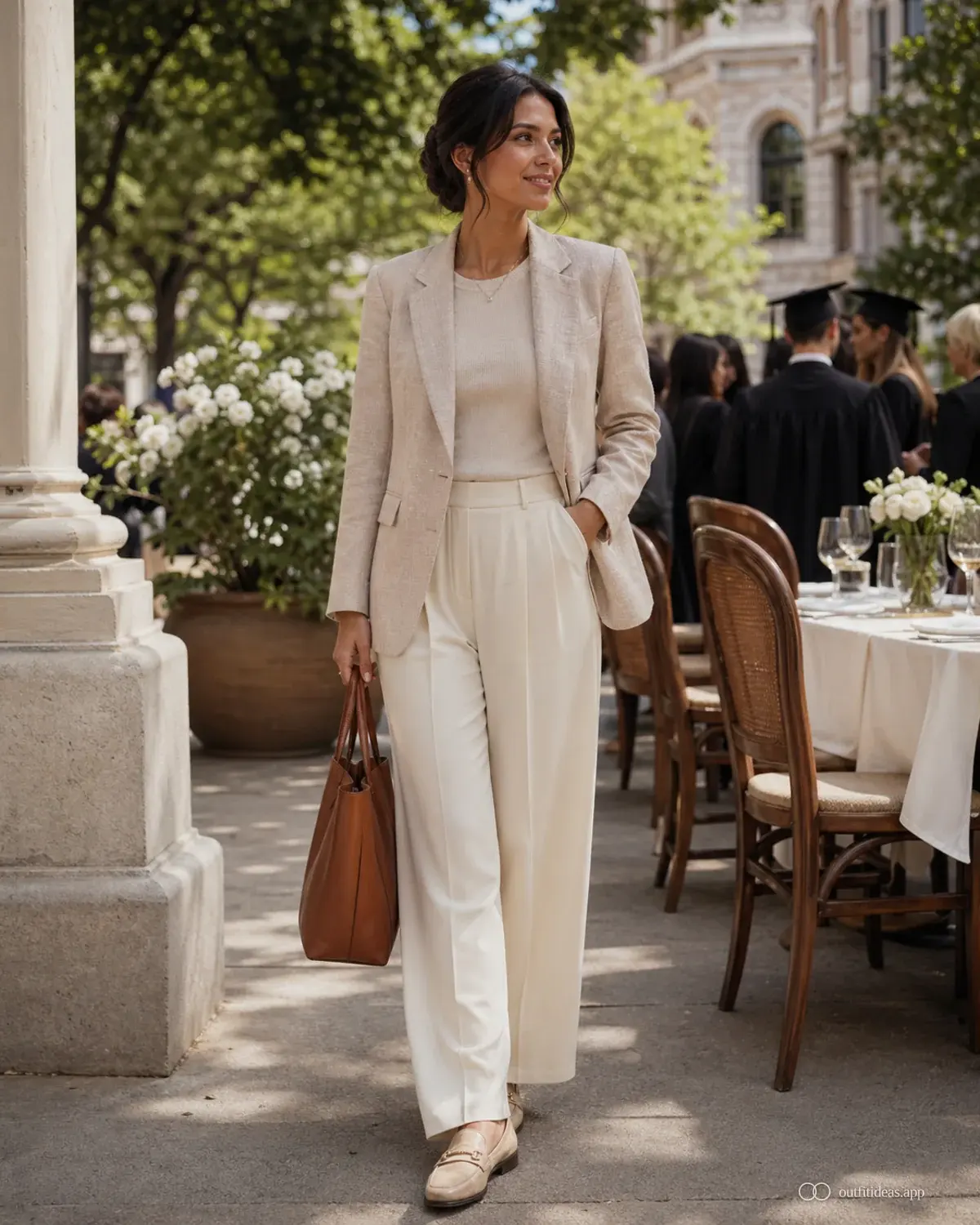 graduation outfit ideas 着回しやすい装い。全身コーデ、歩きやすい靴、場面に合う小物を含む