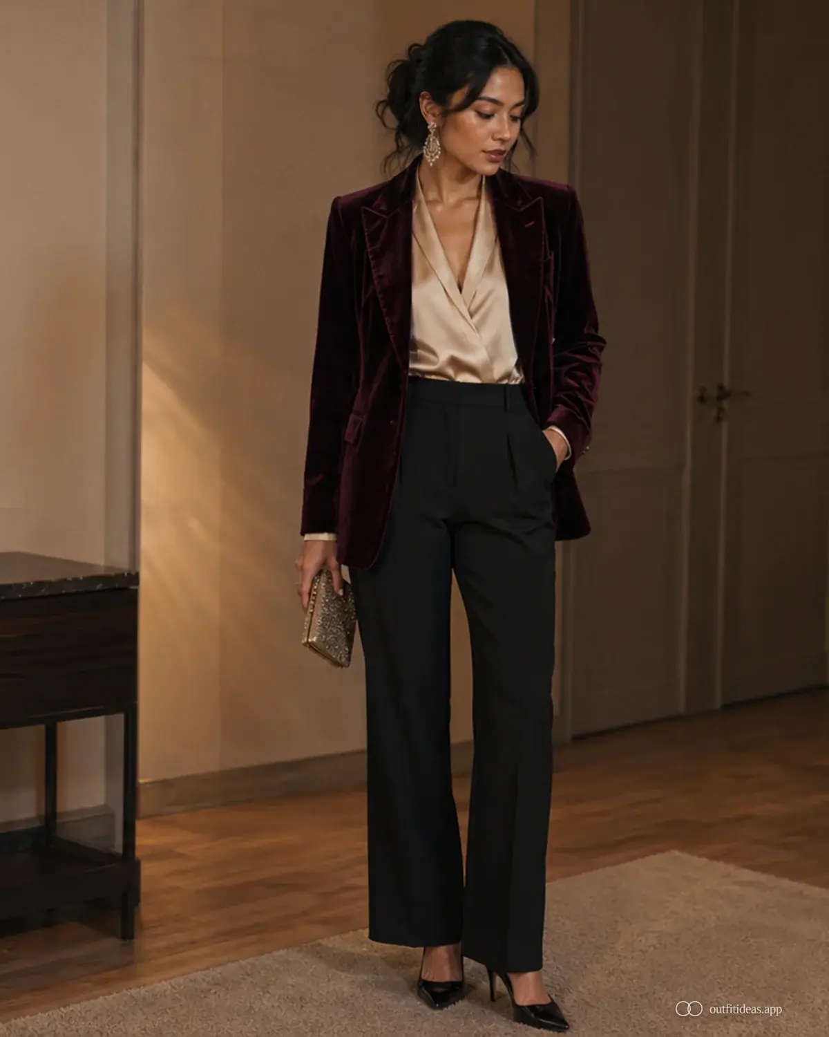 looks de fiestas: look principal con conjunto completo, zapatos prácticos y accesorios pensados para la escena