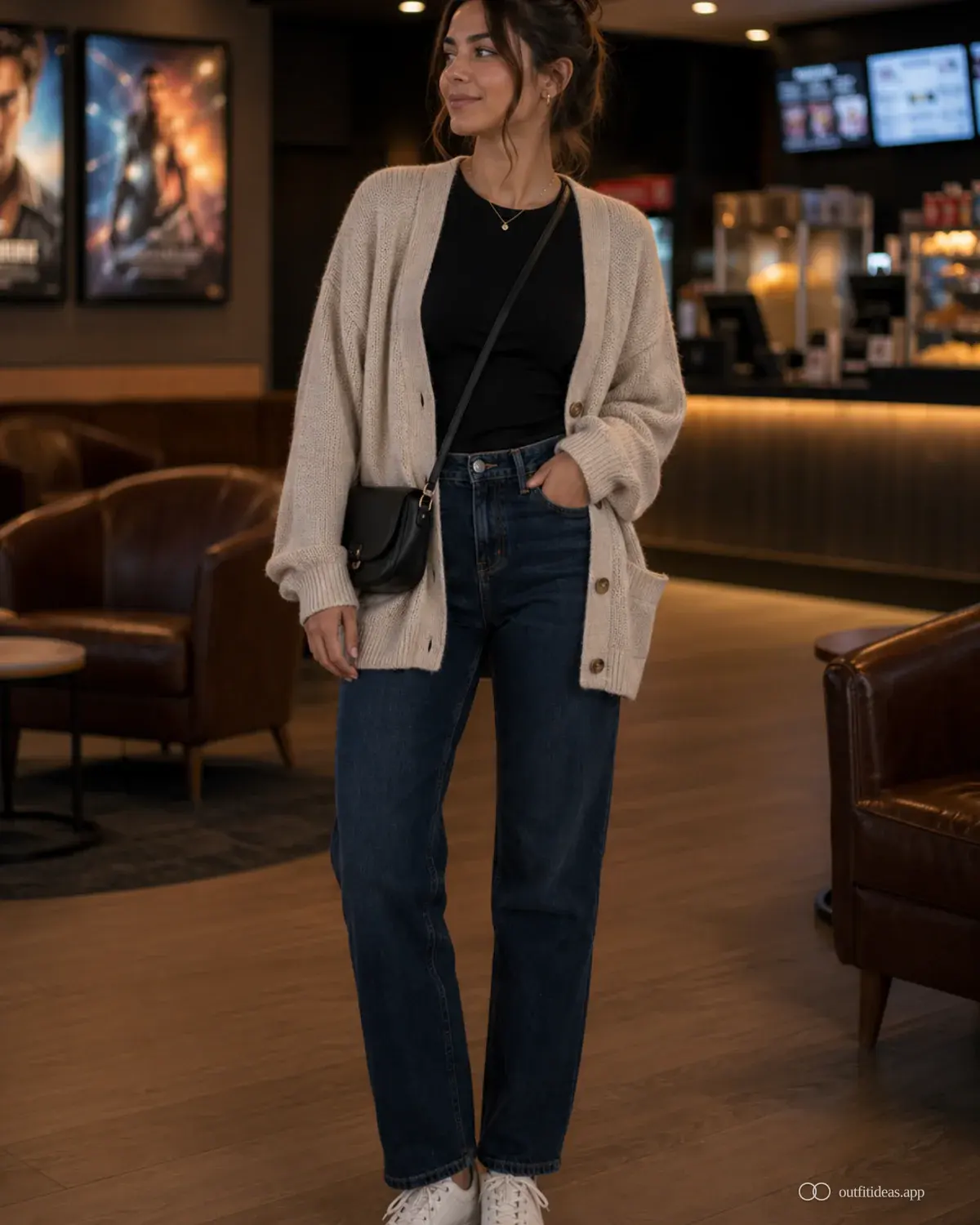 idées de tenues pour soirée cinéma – journée superposée avec une tenue complète, des chaussures pratiques et des accessoires adaptés à la scène