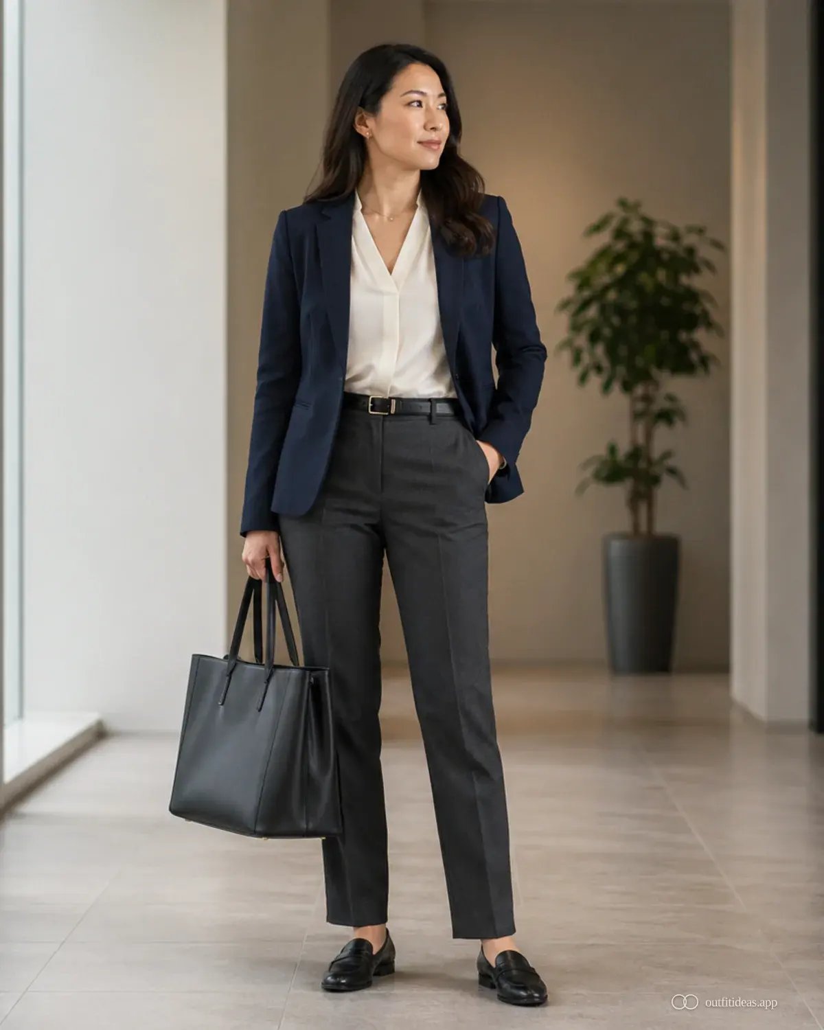 Büro-Outfit-Ideen Kernformel mit komplettem Outfit, praktischen Schuhen und passenden Accessoires