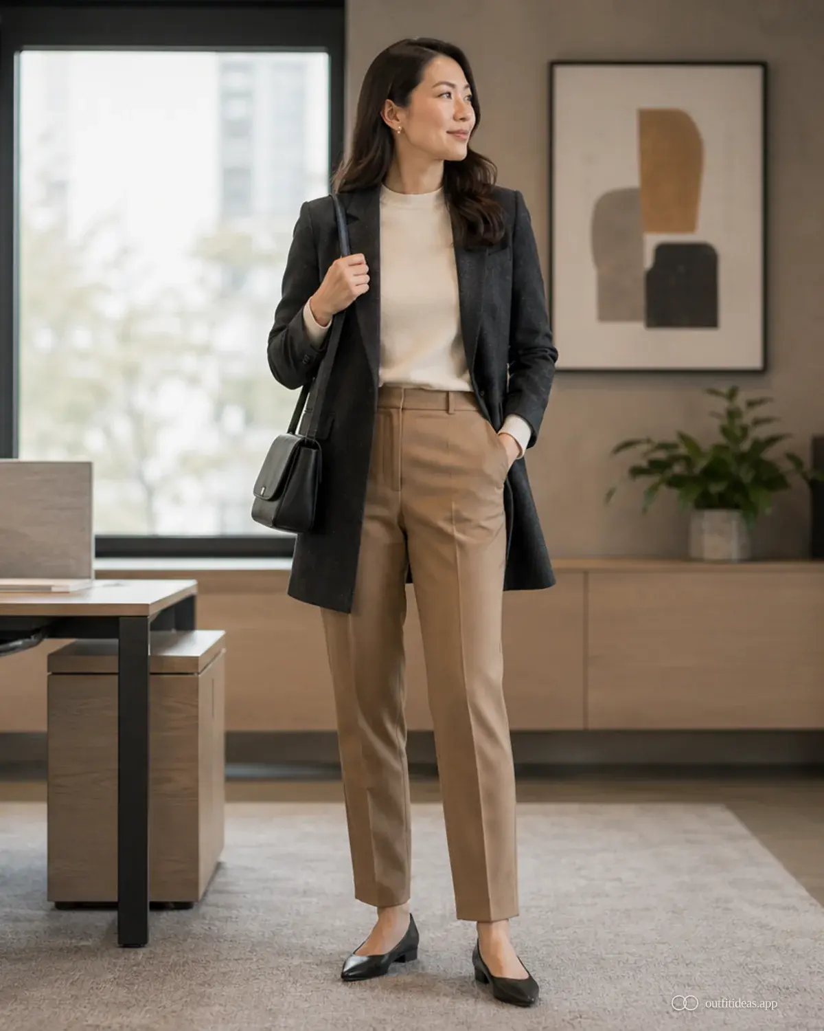 Büro-Outfit-Ideen Layering-Tag mit komplettem Outfit, praktischen Schuhen und passenden Accessoires
