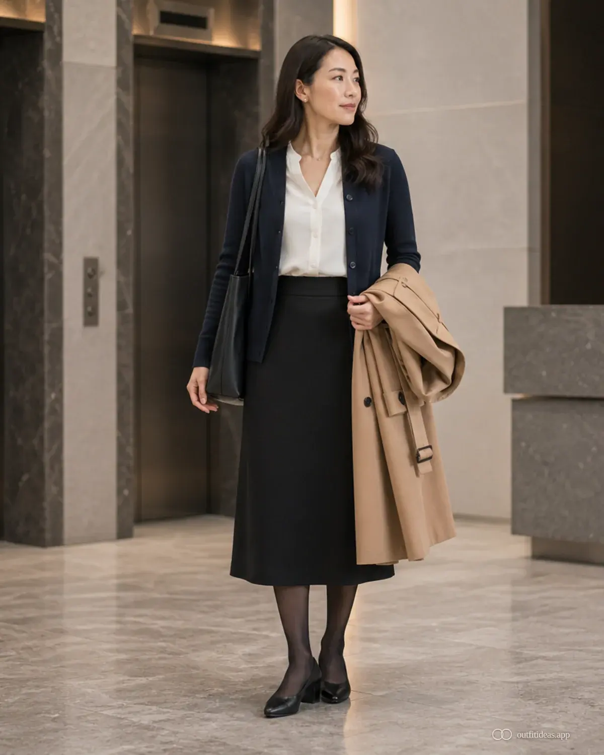 Büro-Outfit-Ideen polierte Variante mit komplettem Outfit, praktischen Schuhen und passenden Accessoires
