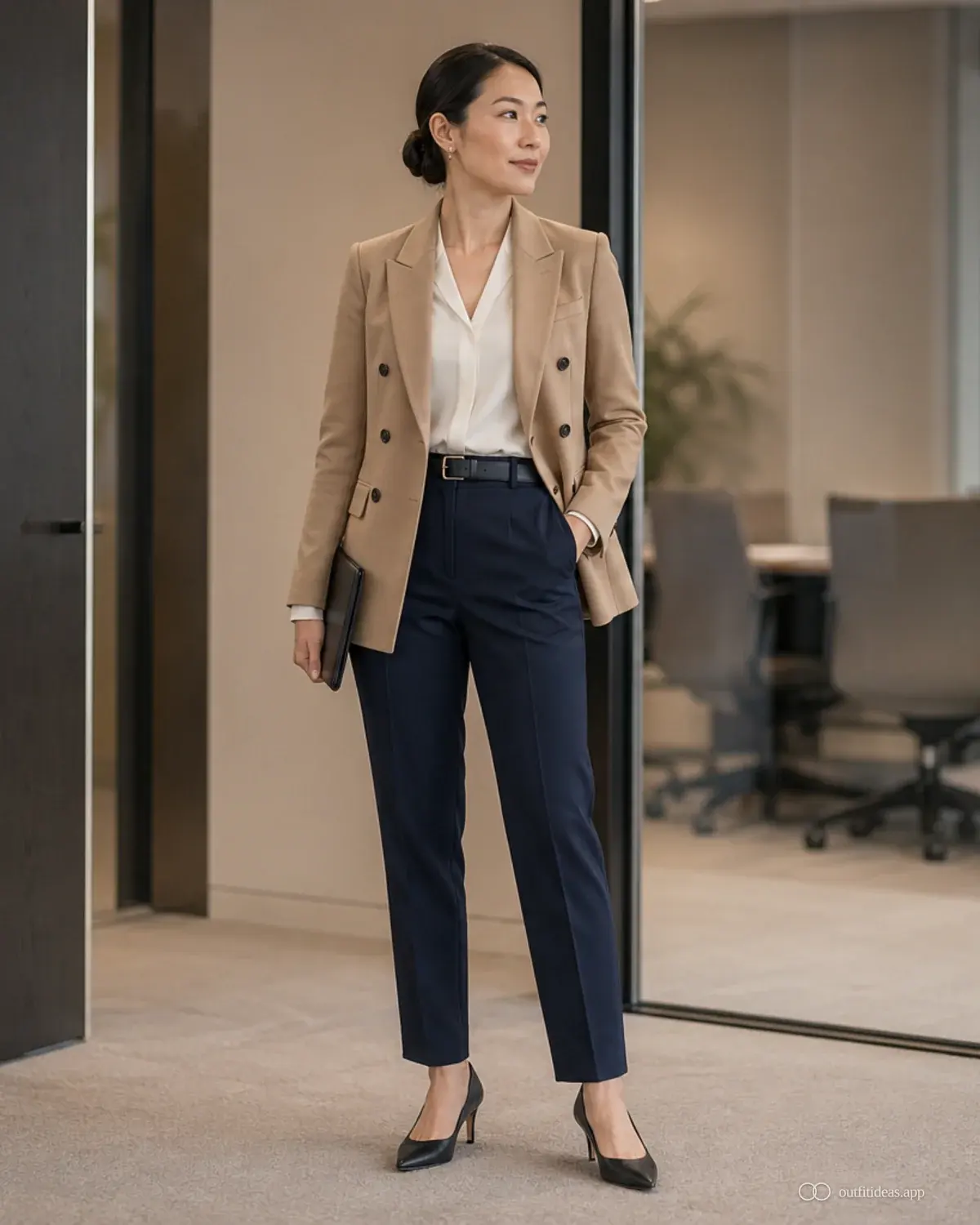 Büro-Outfit-Ideen Wetterplan mit komplettem Outfit, praktischen Schuhen und passenden Accessoires