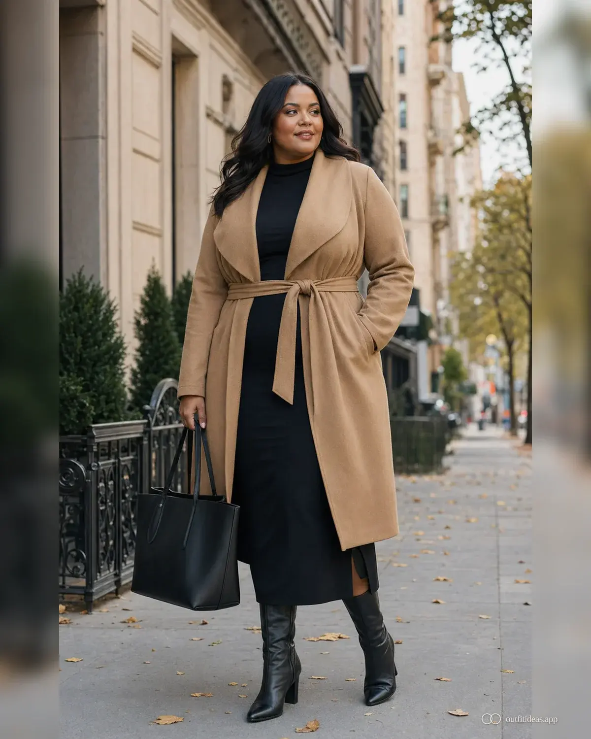Plus-Size-Outfit-Ideen Hero-Bild mit komplettem Outfit, praktischen Schuhen und passenden Accessoires