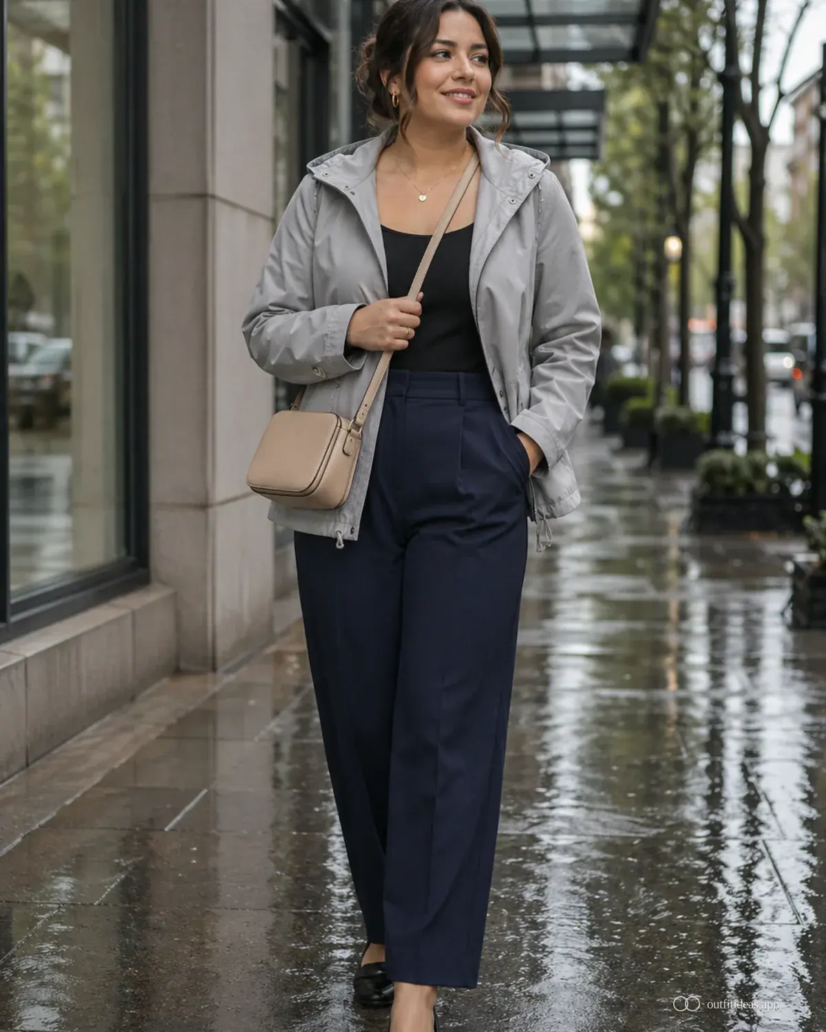 Outfit-Ideen für Regentage Layering-Tag mit komplettem Outfit, praktischen Schuhen und passenden Accessoires