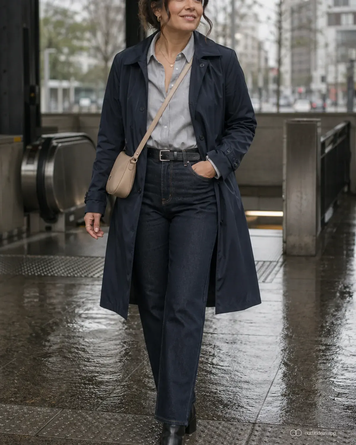 Outfit-Ideen für Regentage polierte Variante mit komplettem Outfit, praktischen Schuhen und passenden Accessoires