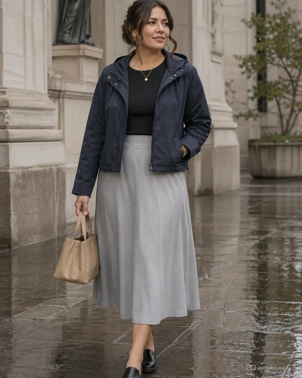 Outfit-Ideen für Regentage weicher Kontrast mit komplettem Outfit, praktischen Schuhen und passenden Accessoires