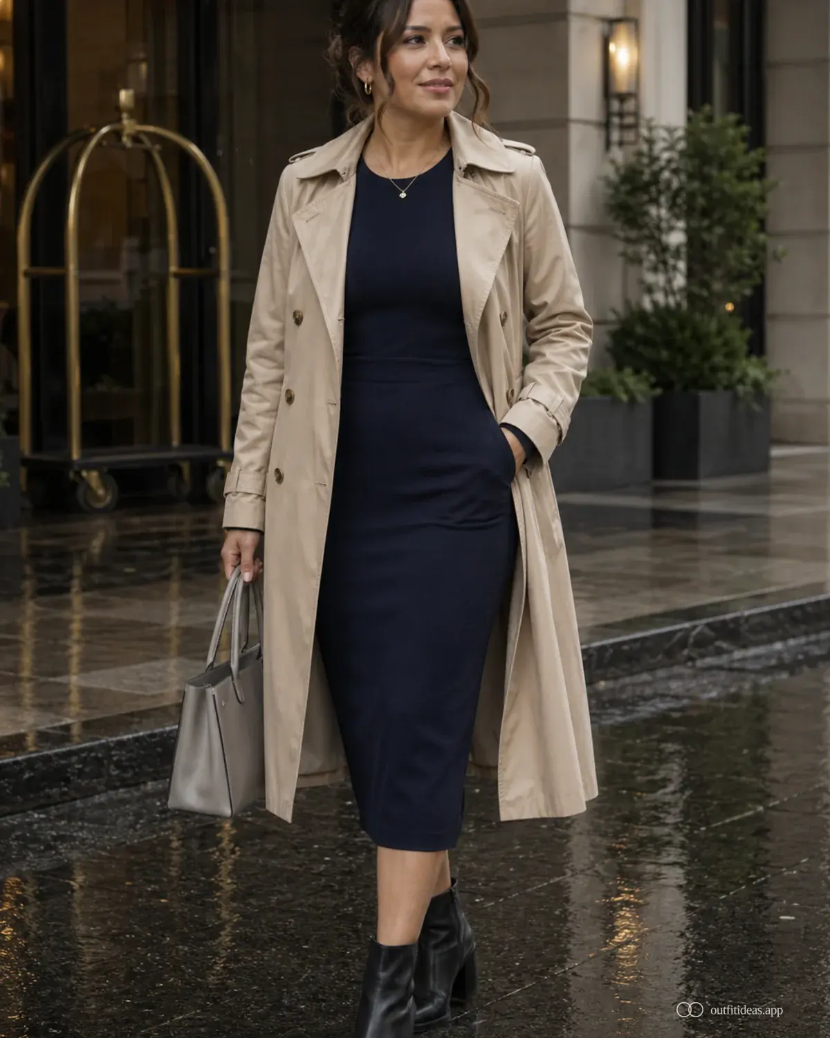 Outfit-Ideen für Regentage Wetterplan mit komplettem Outfit, praktischen Schuhen und passenden Accessoires