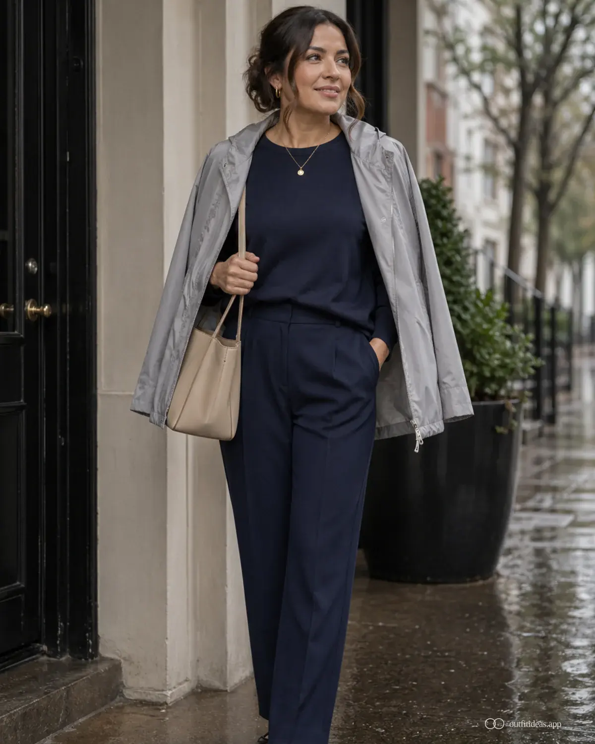 Outfit-Ideen für Regentage Repeat-Outfit mit komplettem Outfit, praktischen Schuhen und passenden Accessoires