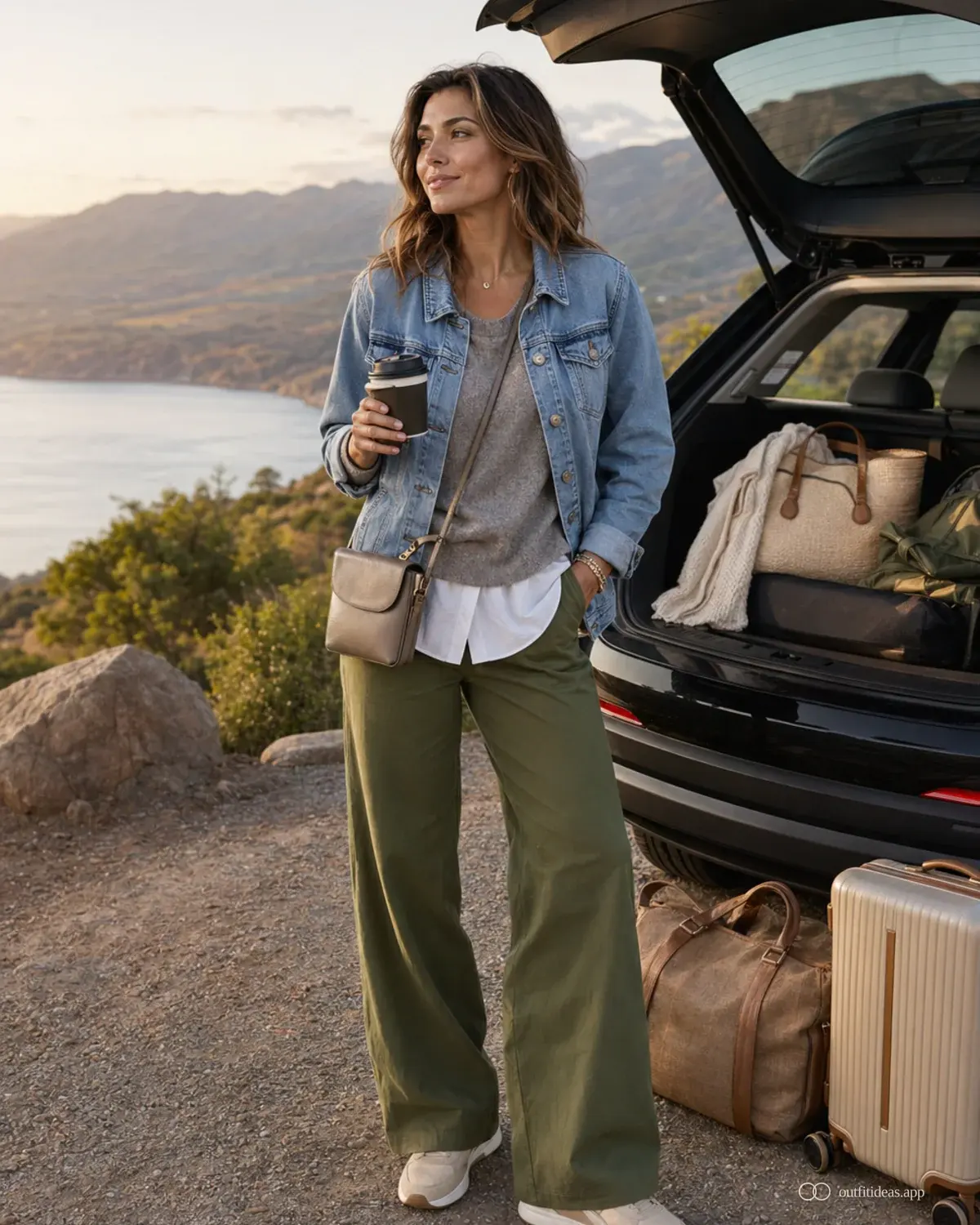 Image principale idées de tenues pour road trip avec une tenue complète, des chaussures pratiques et des accessoires adaptés à la scène