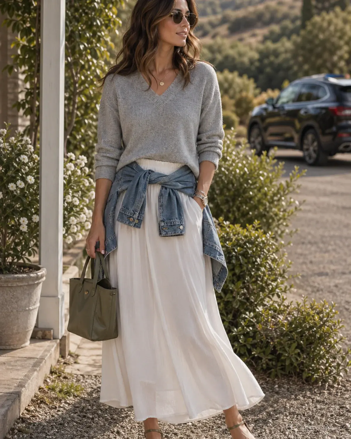 idées de tenues pour road trip – contraste doux avec une tenue complète, des chaussures pratiques et des accessoires adaptés à la scène