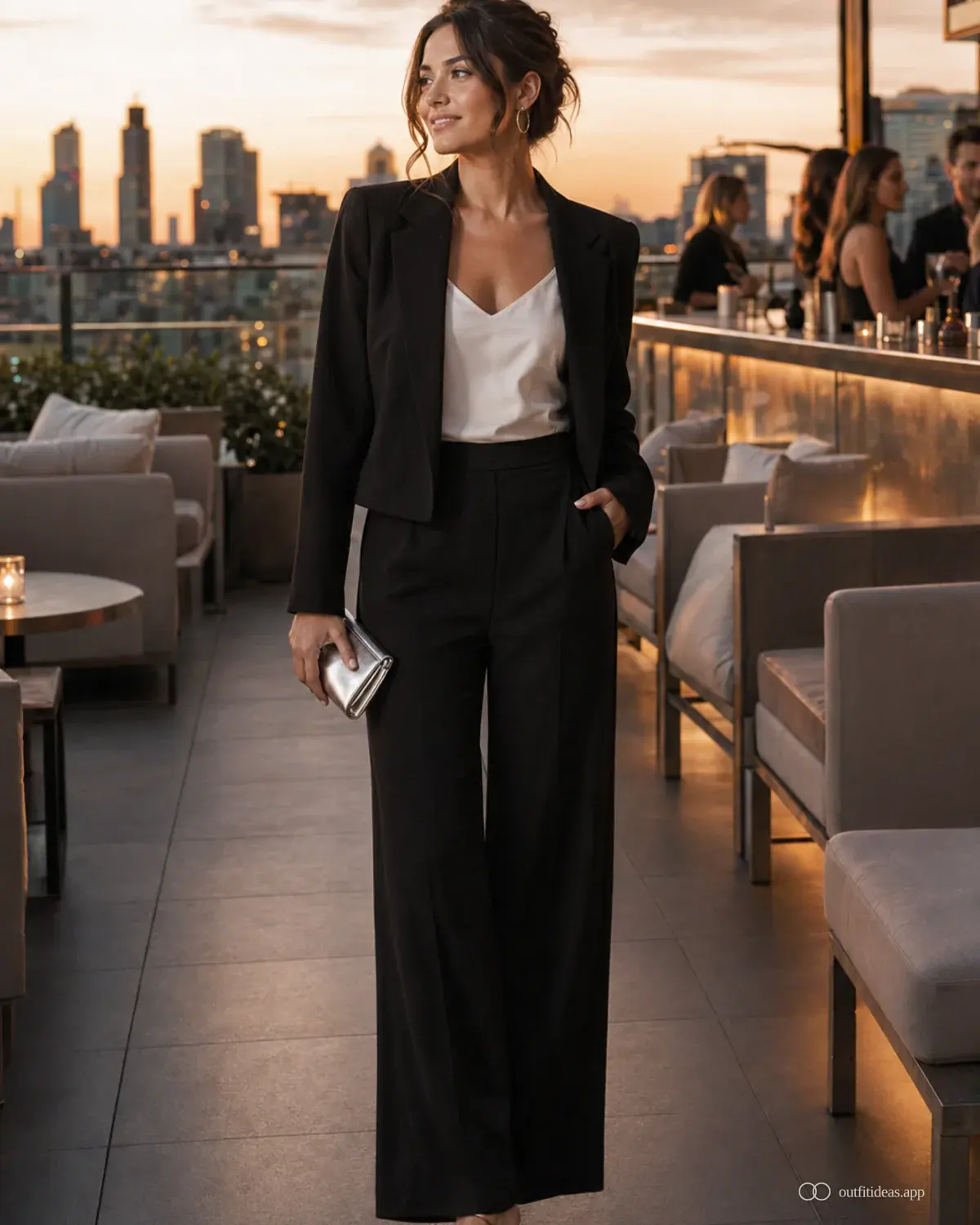 Outfit-Ideen für die Rooftop-Bar weicher Kontrast mit komplettem Outfit, praktischen Schuhen und passenden Accessoires