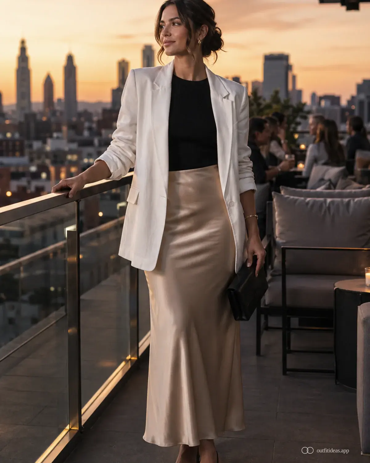 Outfit-Ideen für die Rooftop-Bar Wetterplan mit komplettem Outfit, praktischen Schuhen und passenden Accessoires