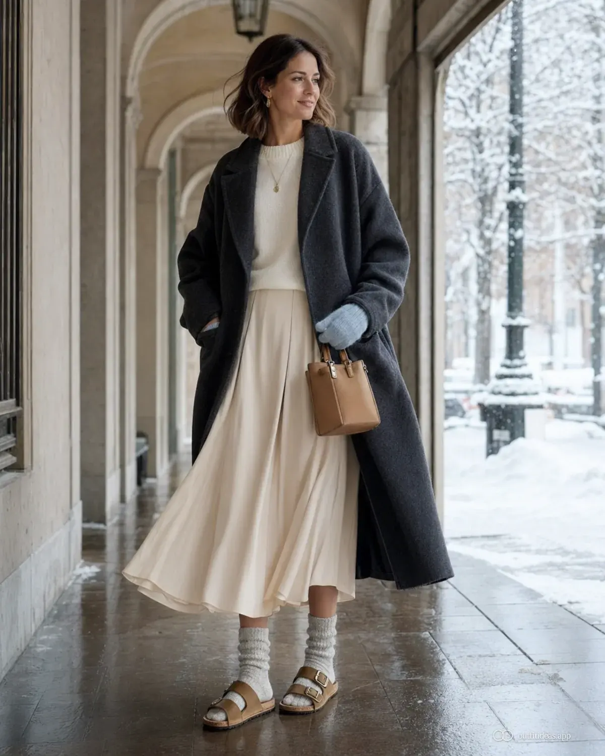 idées de tenues pour jour de neige – contraste doux avec une tenue complète, des chaussures pratiques et des accessoires adaptés à la scène