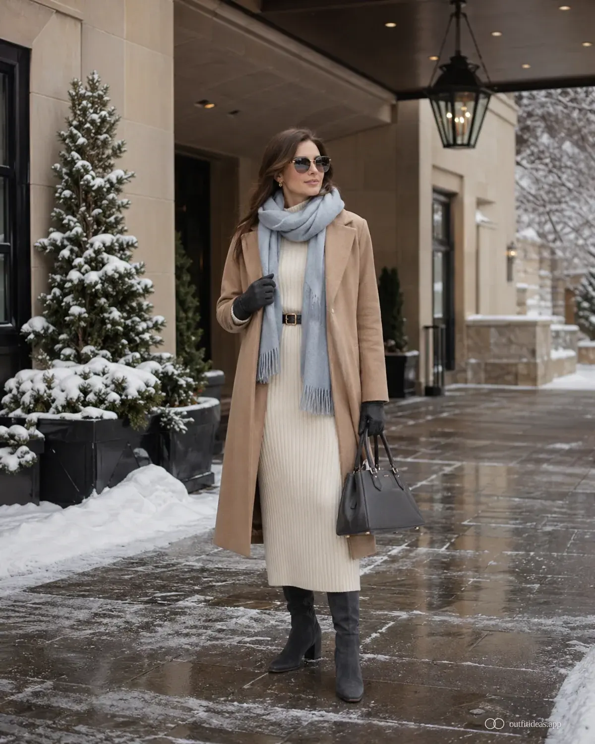 idées de tenues pour jour de neige – tenue météo avec une tenue complète, des chaussures pratiques et des accessoires adaptés à la scène