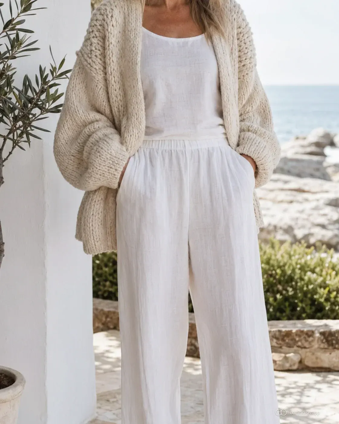 Outfit coastal grandmother con pantalon ancho de lino blanco, cardigan crema grueso y sandalia tejida