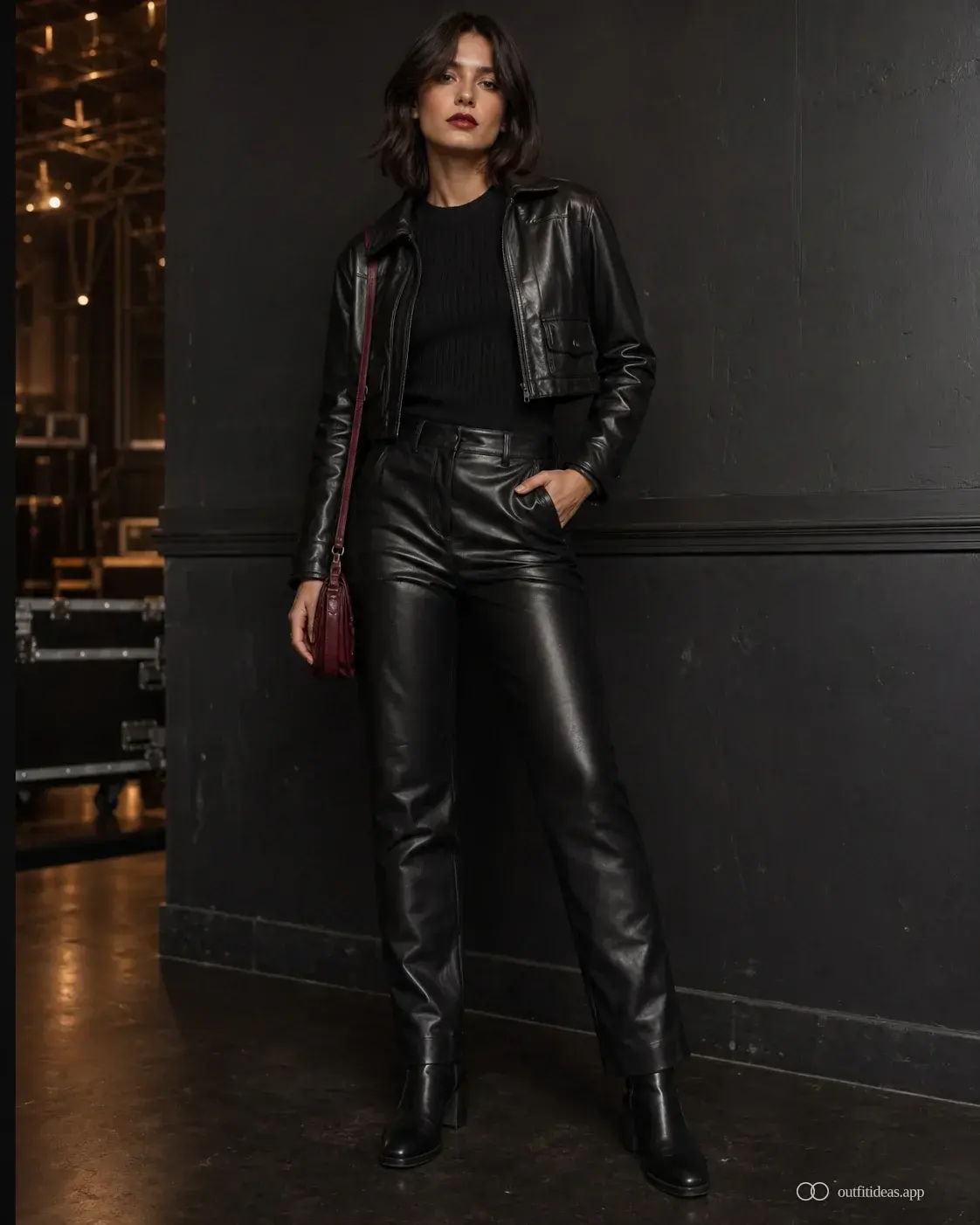 Outfit concierto con pantalon de cuero negro, chaqueta moto corta, top entallado y botines de tacon ancho estables