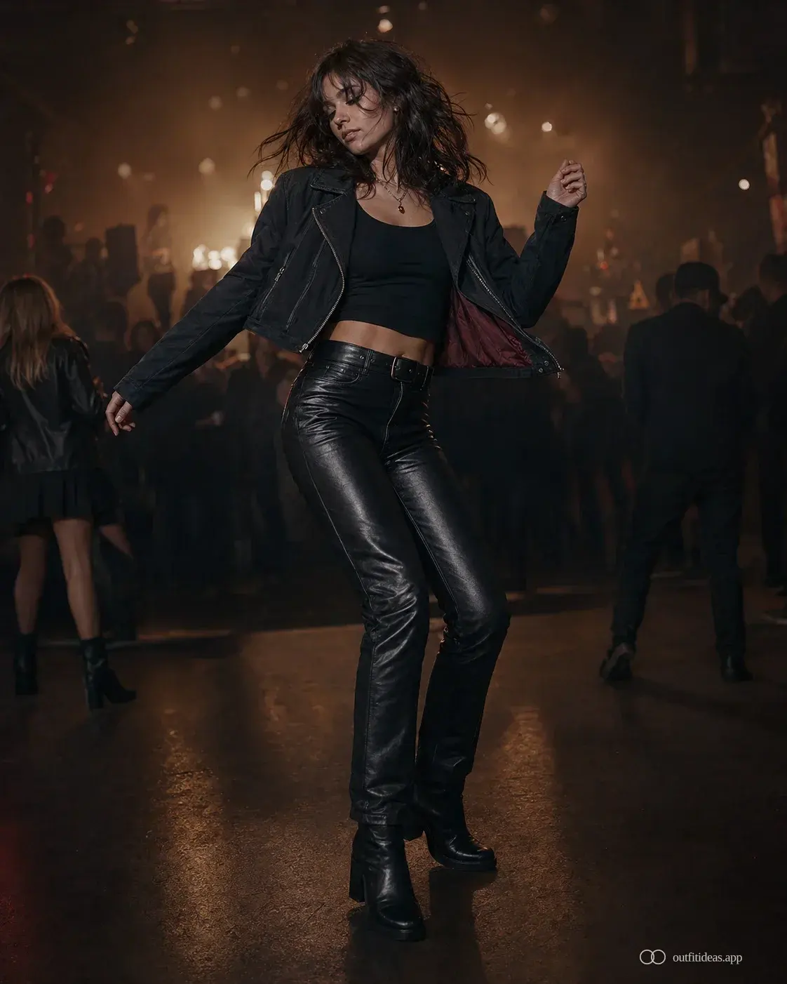 Concert outfit in mid-motion at a standing venue with leather trouser and block boot