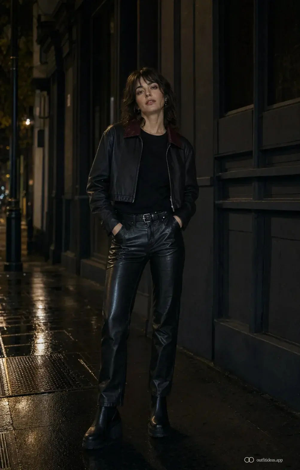 Post-concert street outfit at night with leather trouser, cropped jacket and block boot