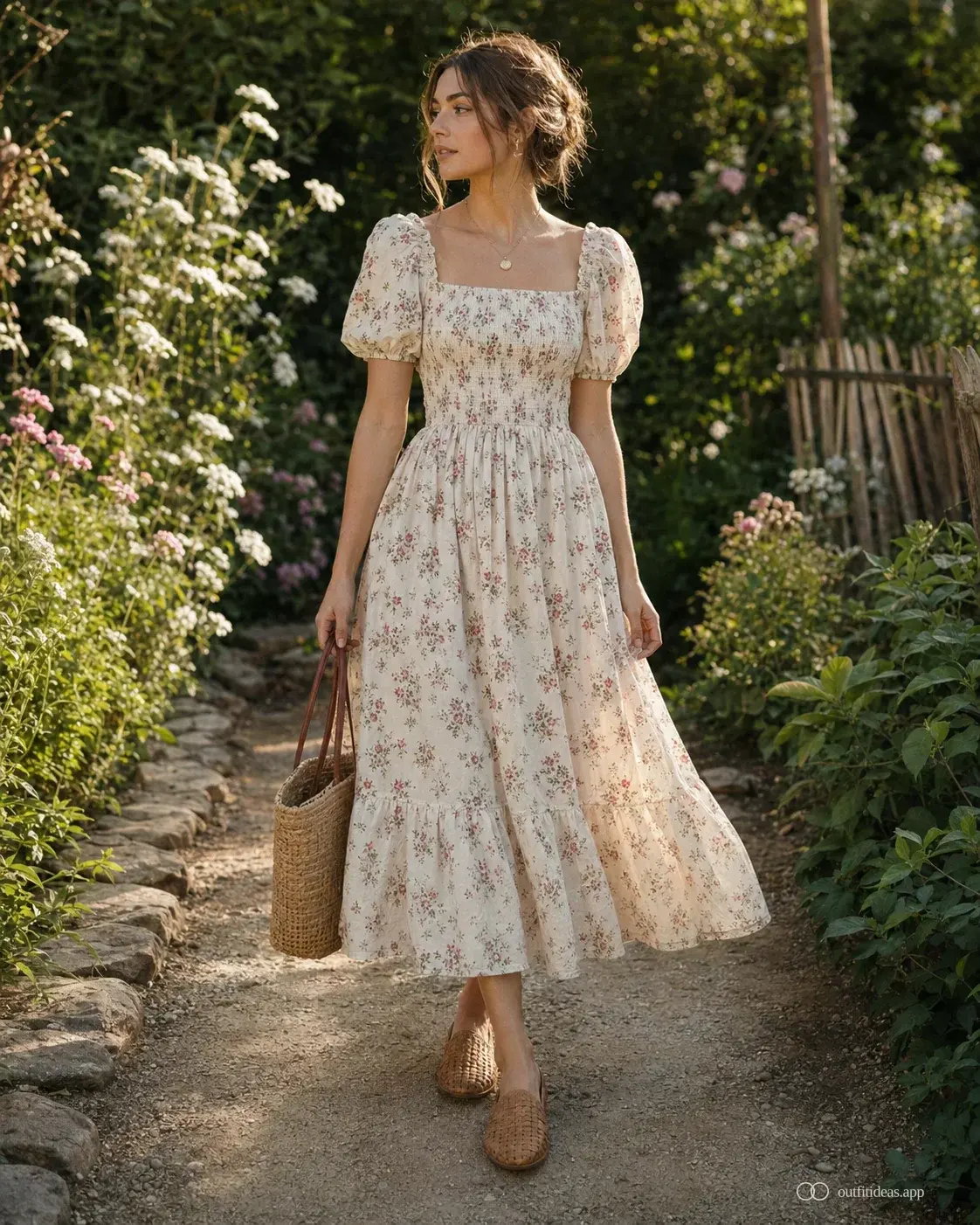 Outfit cottagecore de paseo con midi floral fruncido, plano tejido y bolso de paja
